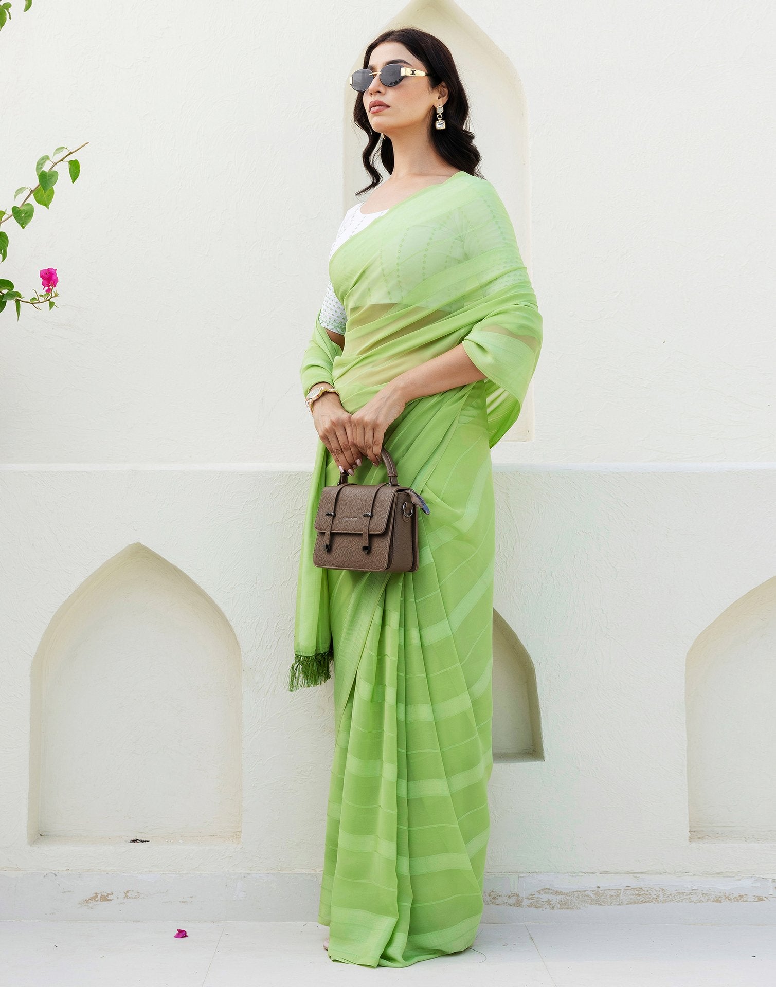 Light Green Georgette Woven Stripe Plain Saree