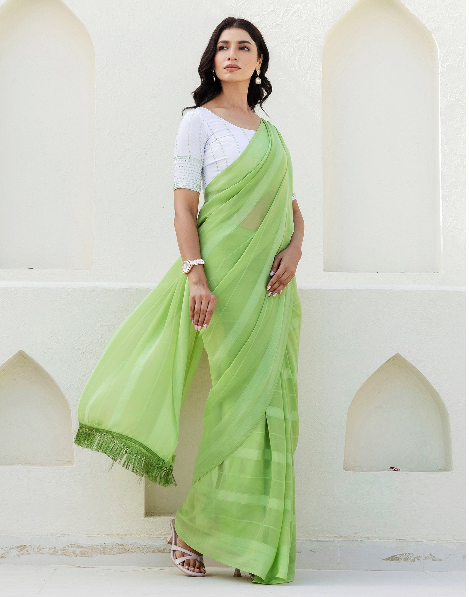 Light Green Georgette Woven Stripe Plain Saree