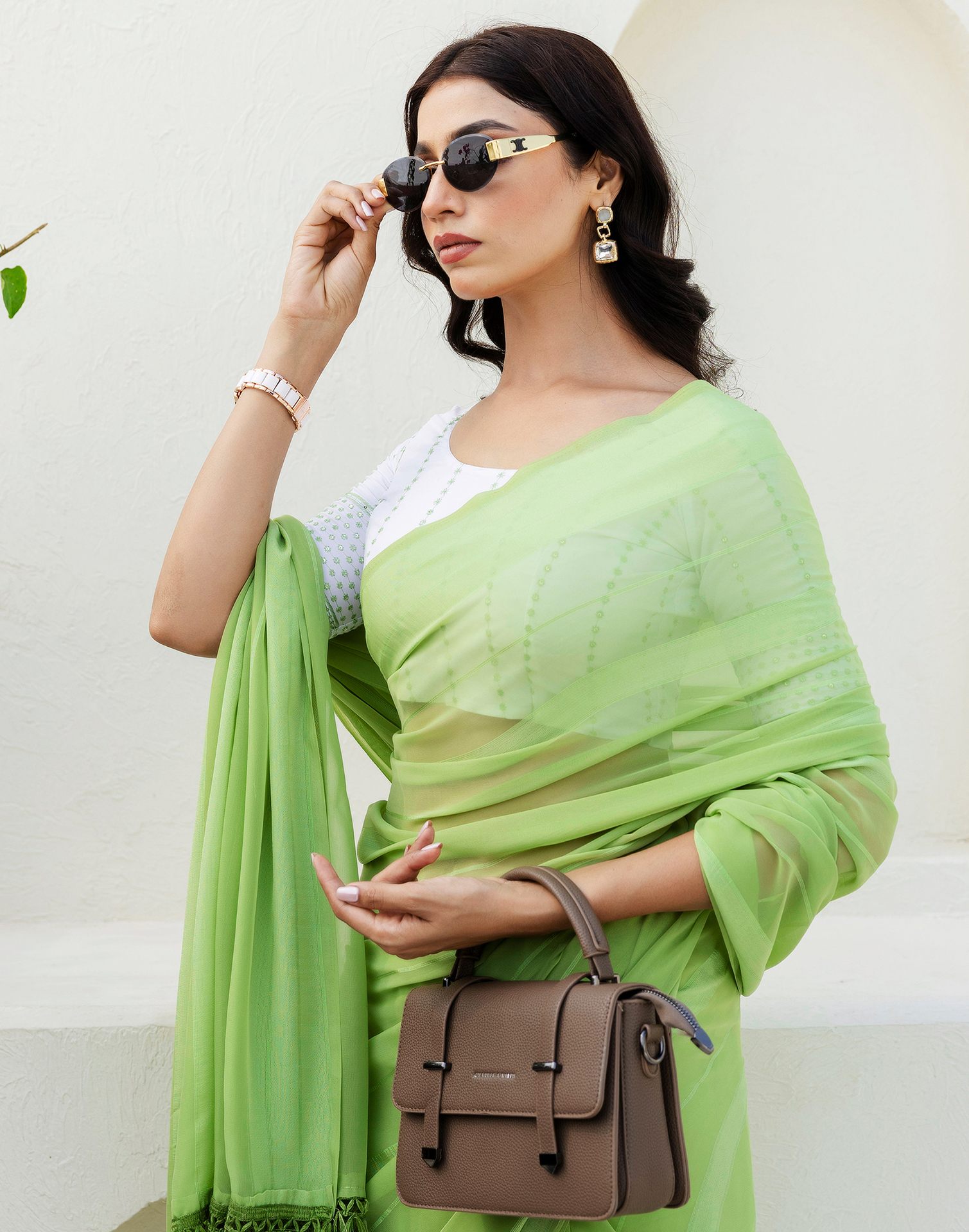 Light Green Georgette Woven Stripe Plain Saree