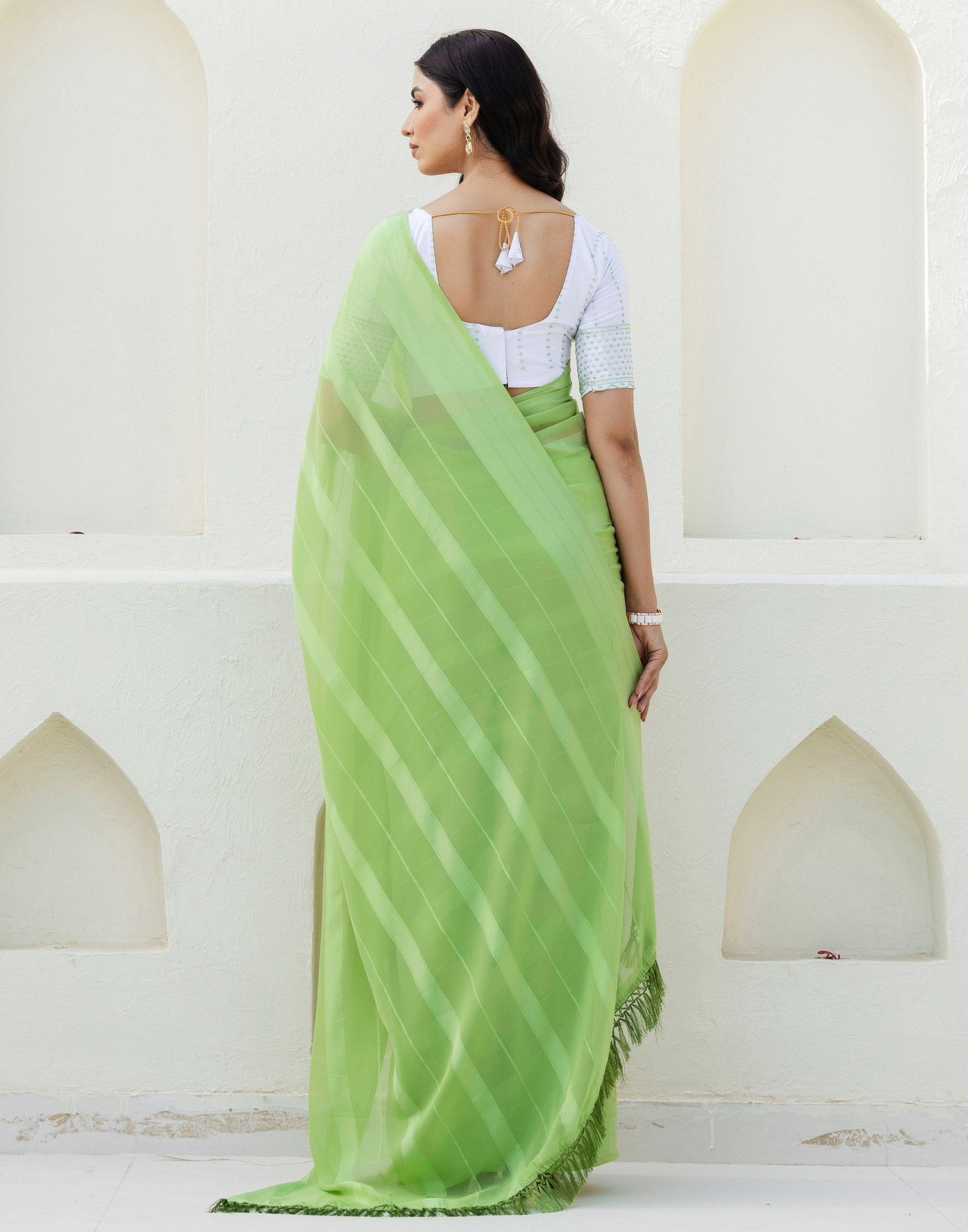 Light Green Georgette Woven Stripe Plain Saree