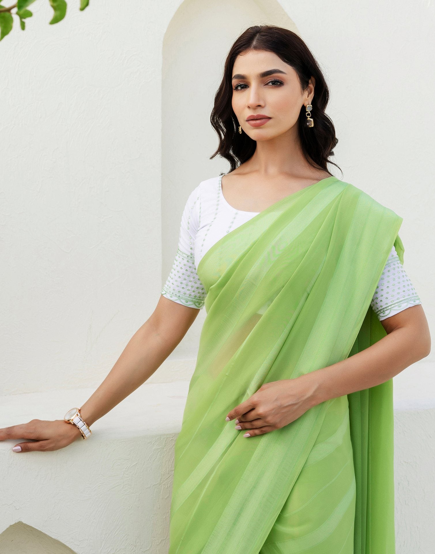 Light Green Georgette Woven Stripe Plain Saree