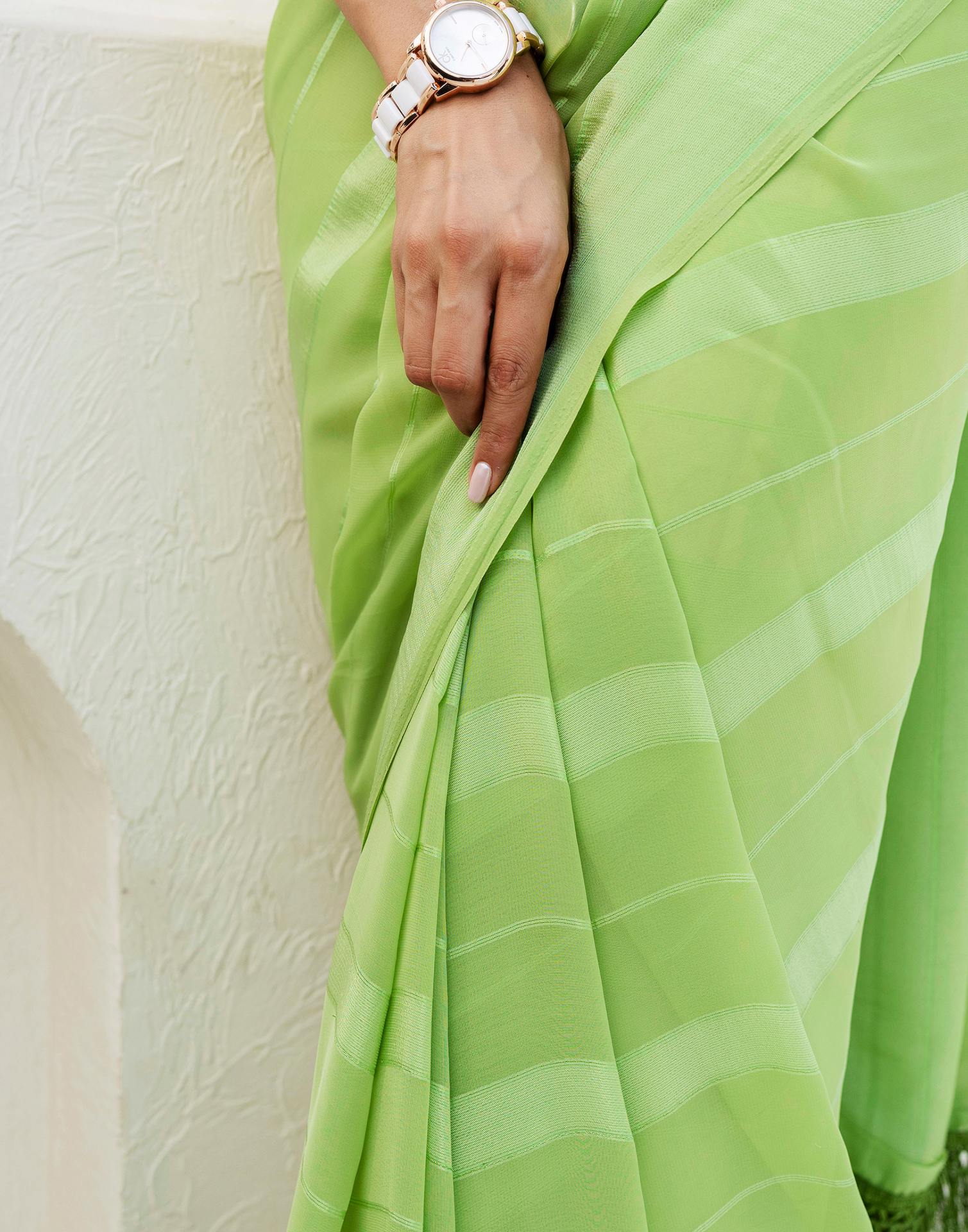 Light Green Georgette Woven Stripe Plain Saree