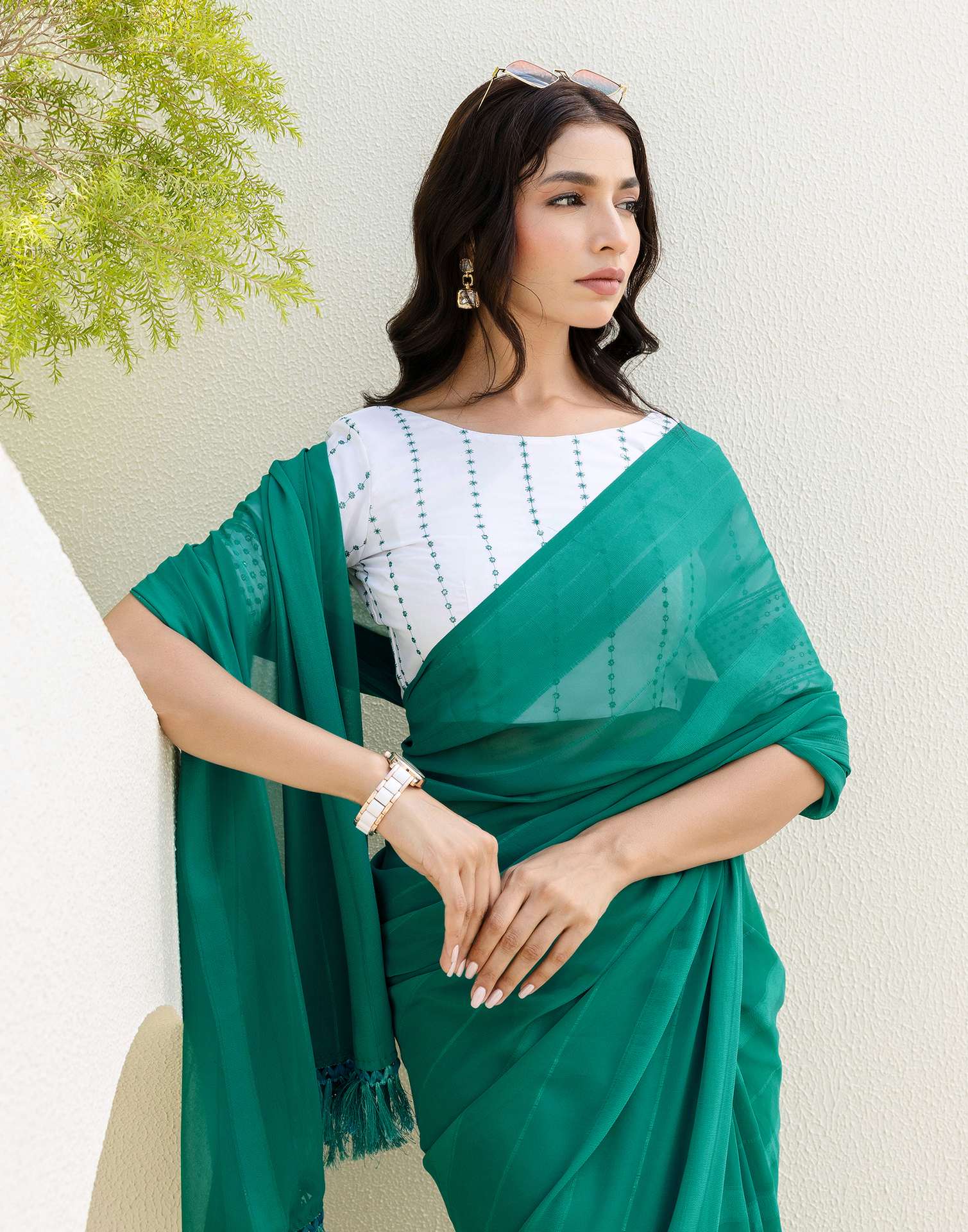 Teal Green Georgette Woven Stripe Plain Saree
