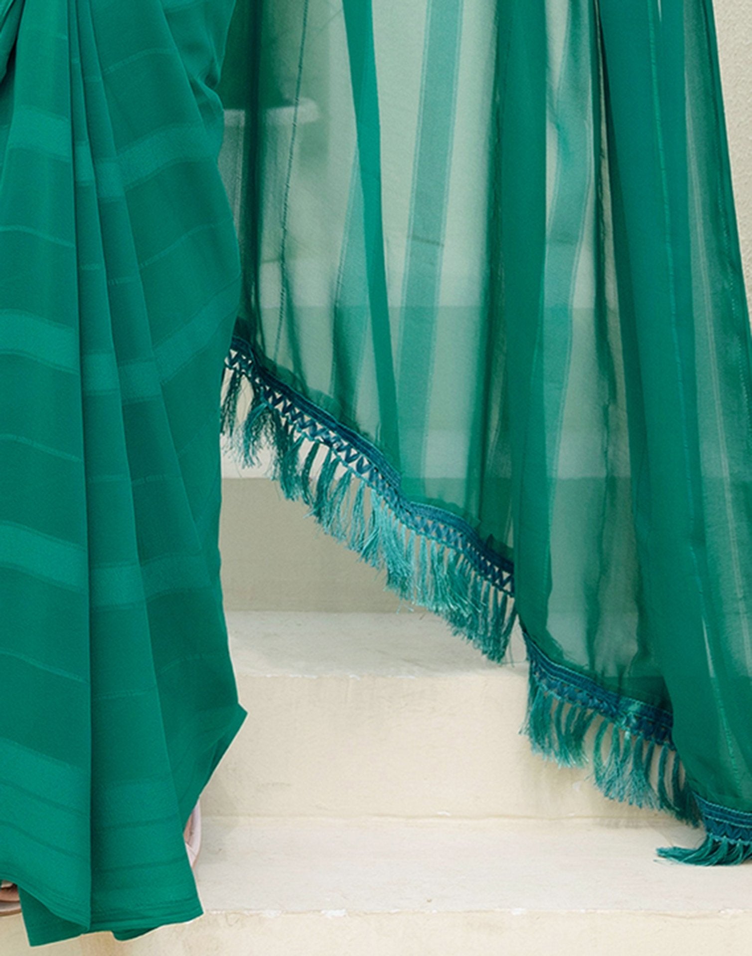 Teal Green Georgette Woven Stripe Plain Saree