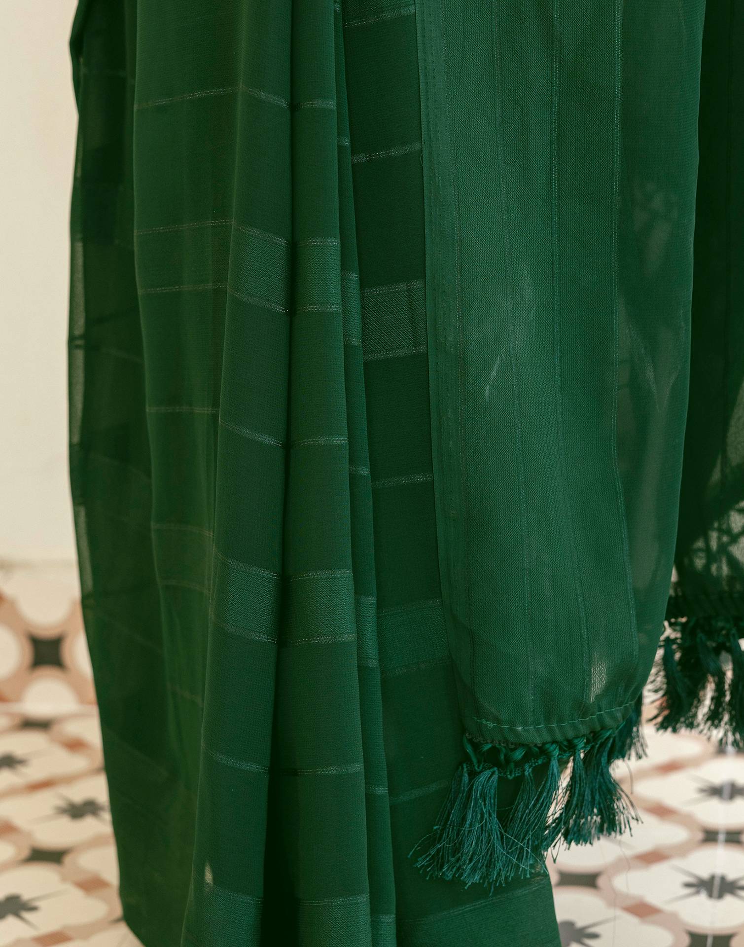 Dark Green Georgette Woven Stripe Plain Saree