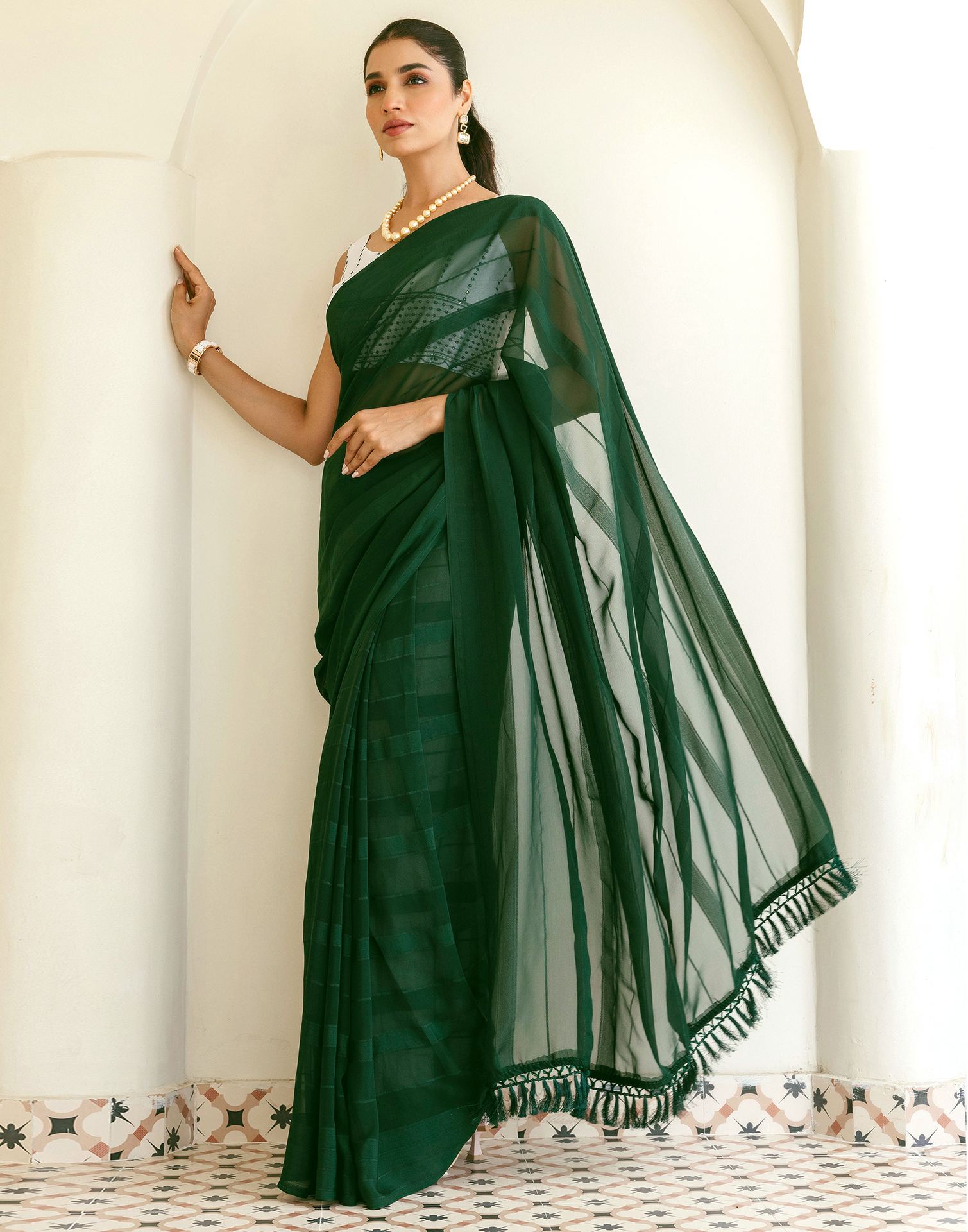 Dark Green Georgette Woven Stripe Plain Saree