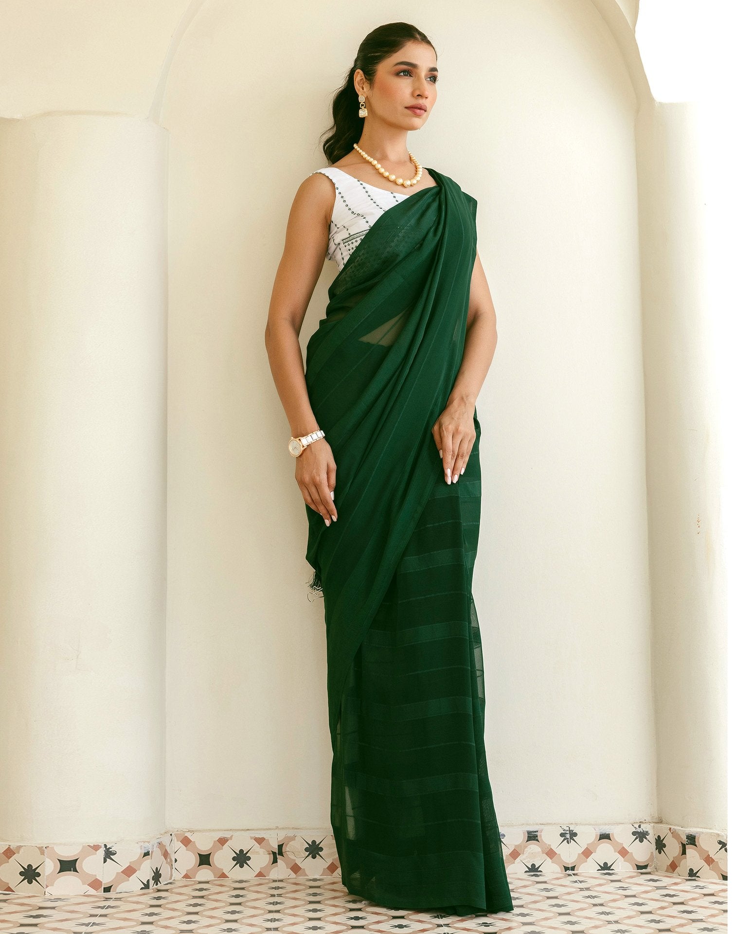 Dark Green Georgette Woven Stripe Plain Saree