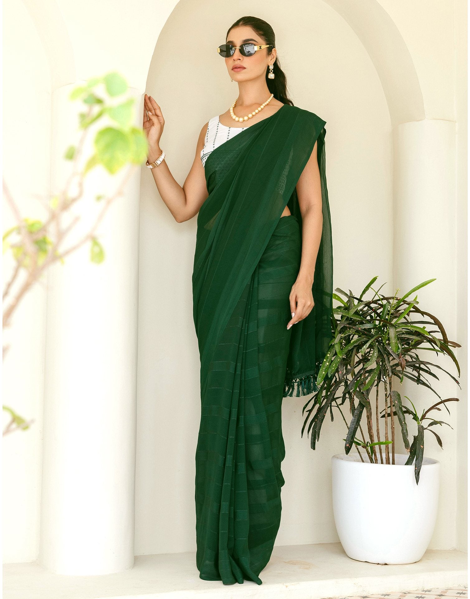 Dark Green Georgette Woven Stripe Plain Saree