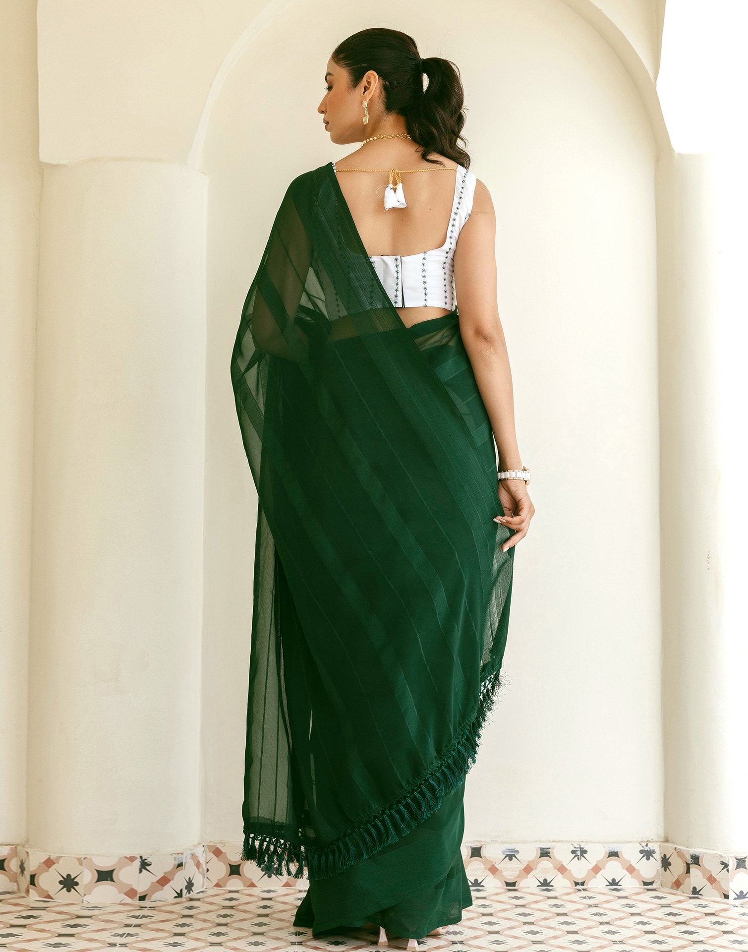 Dark Green Georgette Woven Stripe Plain Saree