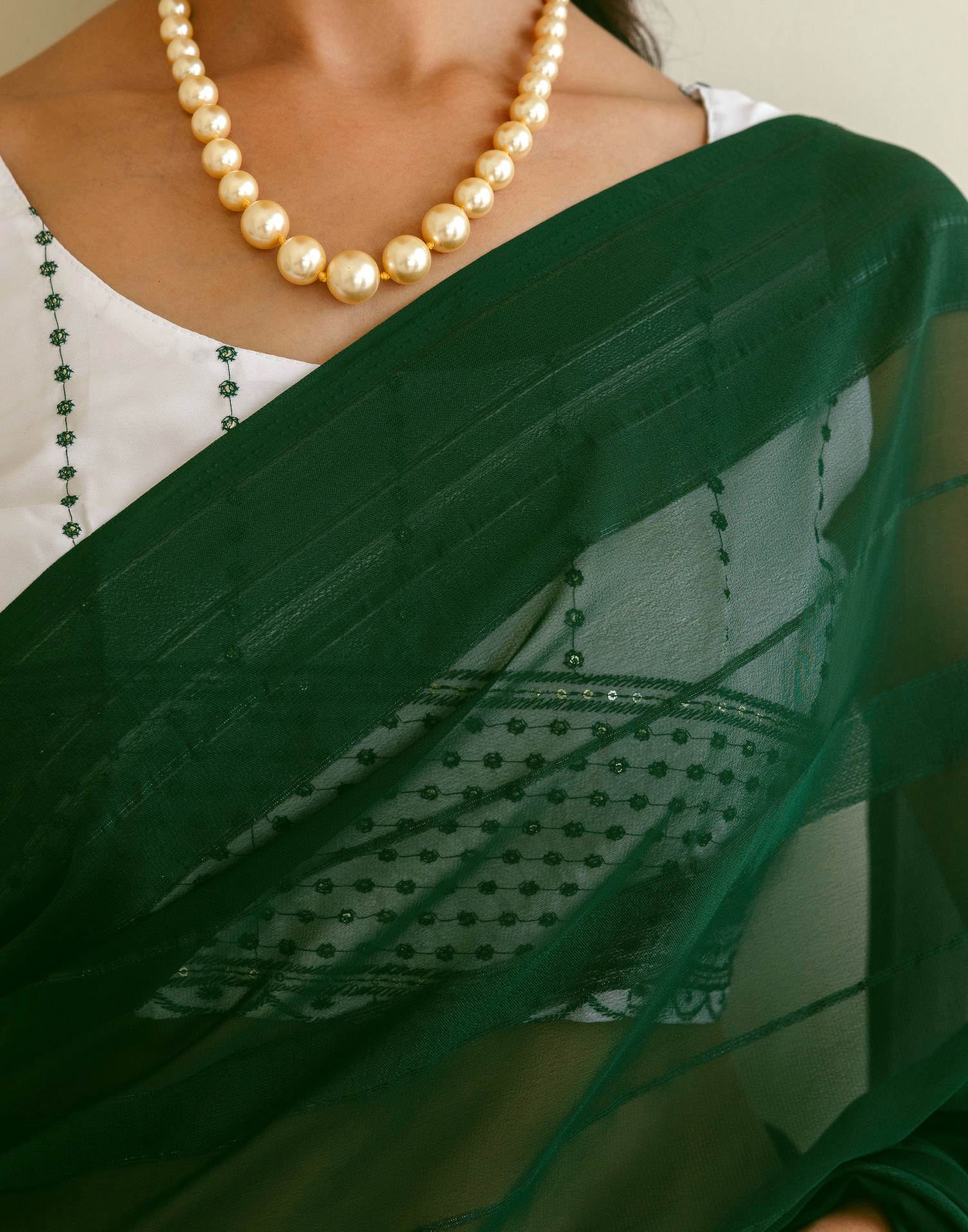 Dark Green Georgette Woven Stripe Plain Saree