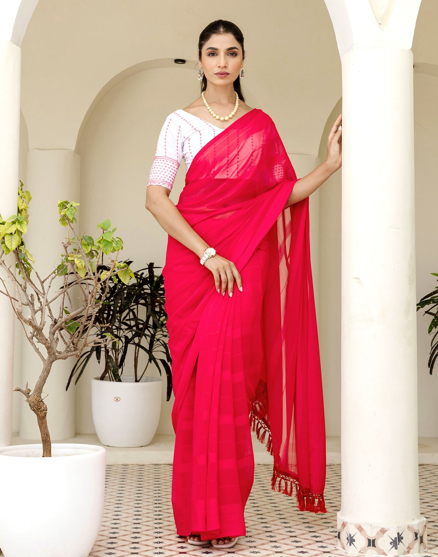 Bright Pink Georgette Woven Stripe Plain Saree