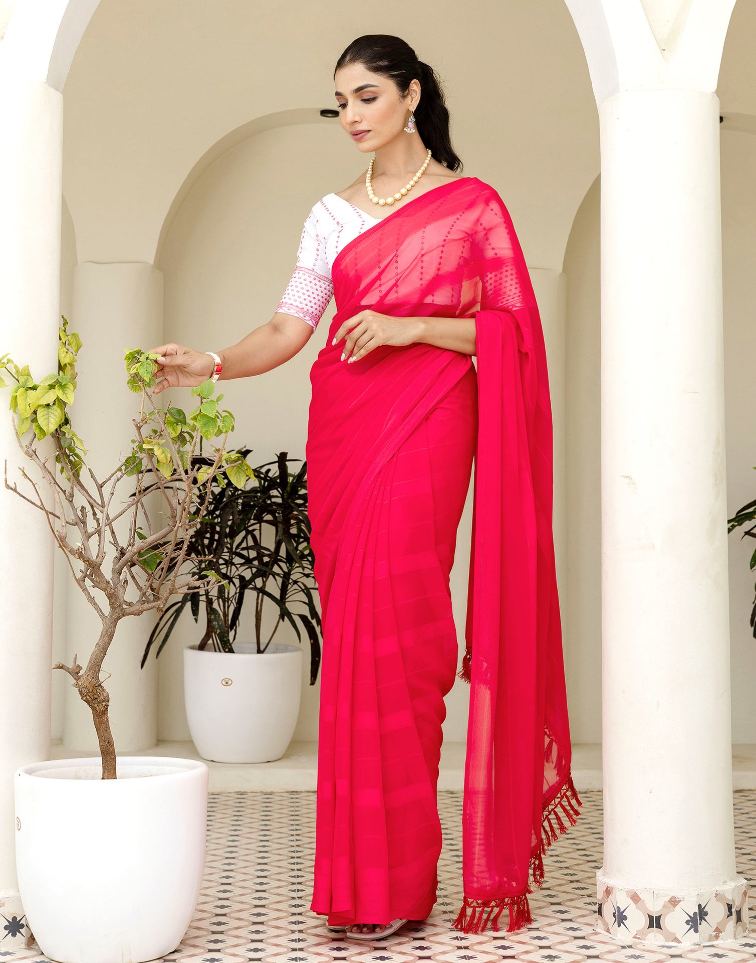 Bright Pink Georgette Woven Stripe Plain Saree