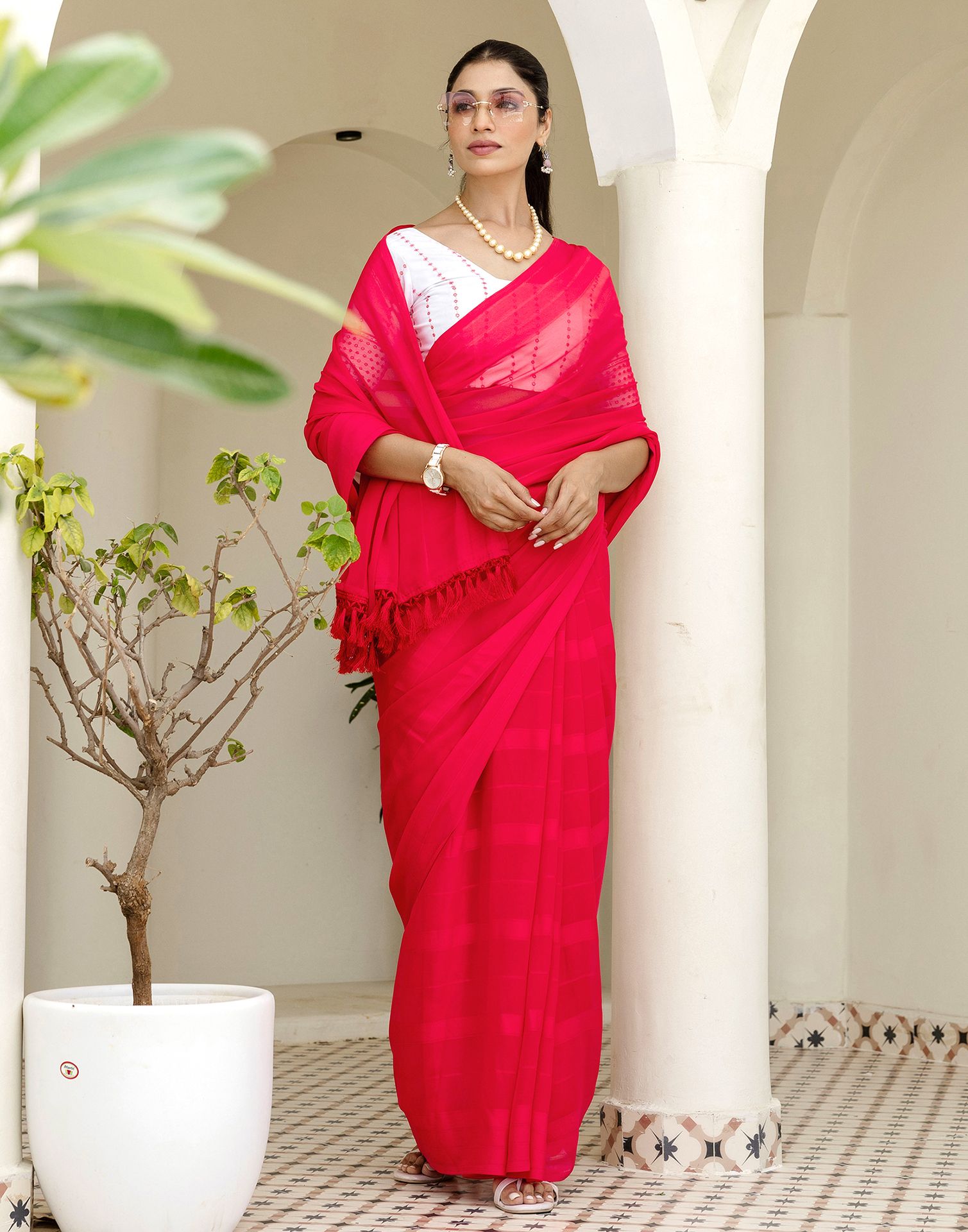 Bright Pink Georgette Woven Stripe Plain Saree