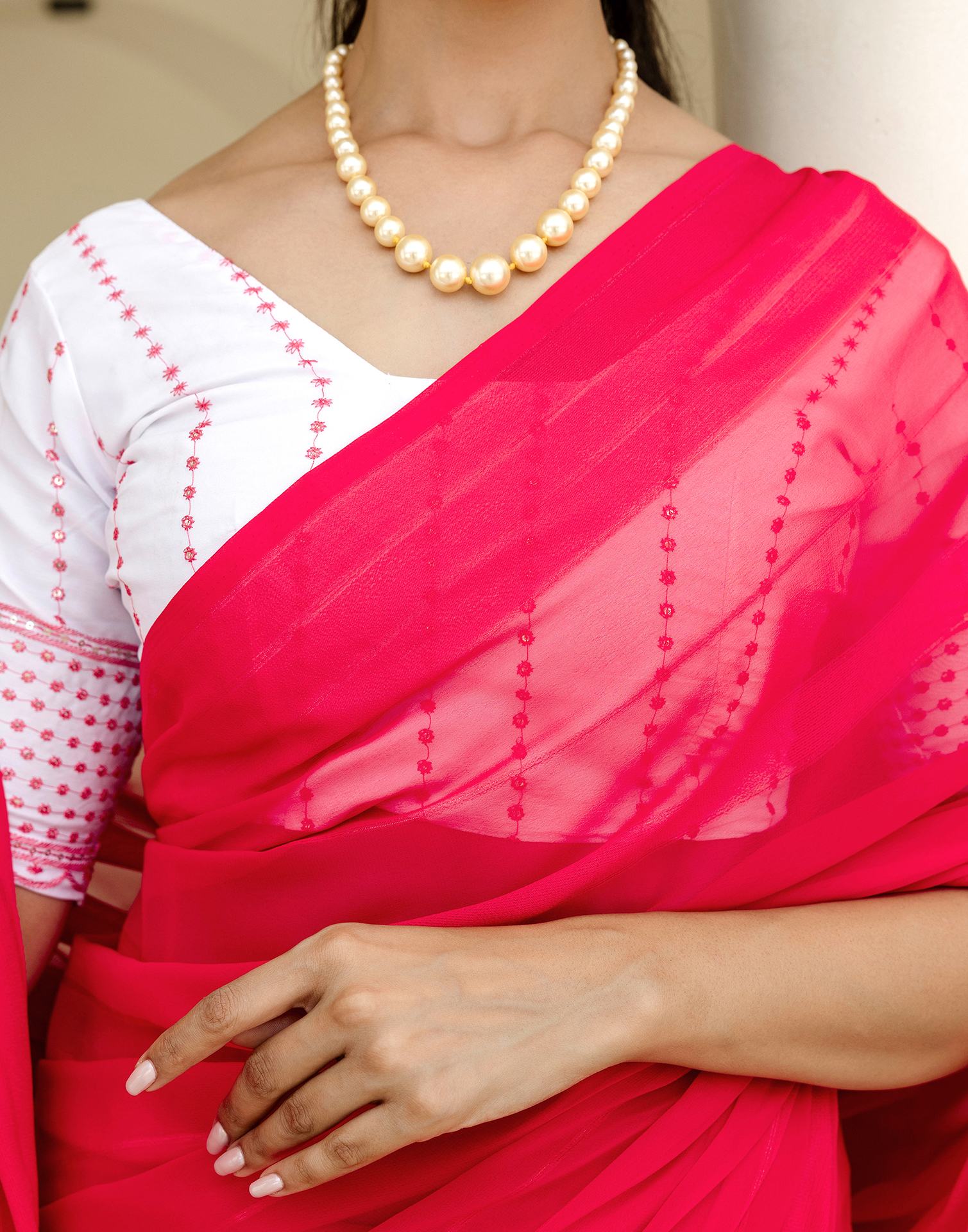 Bright Pink Georgette Woven Stripe Plain Saree