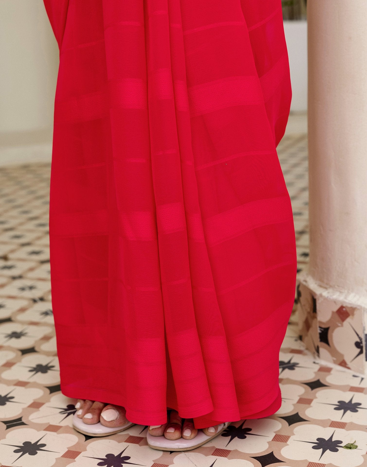 Bright Pink Georgette Woven Stripe Plain Saree