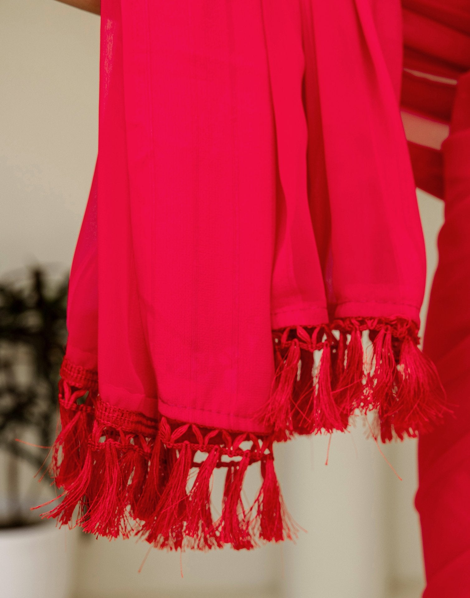 Bright Pink Georgette Woven Stripe Plain Saree