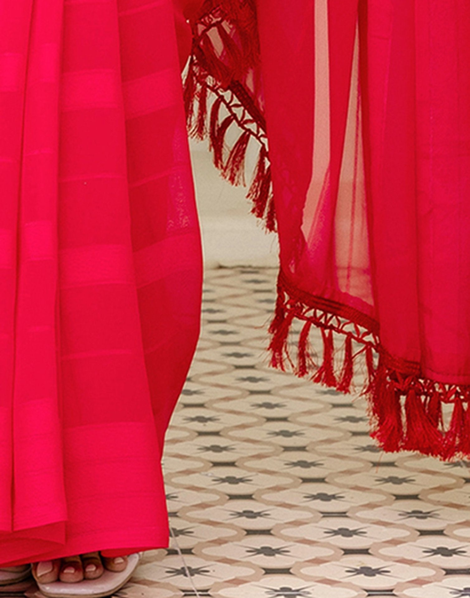 Bright Pink Georgette Woven Stripe Plain Saree
