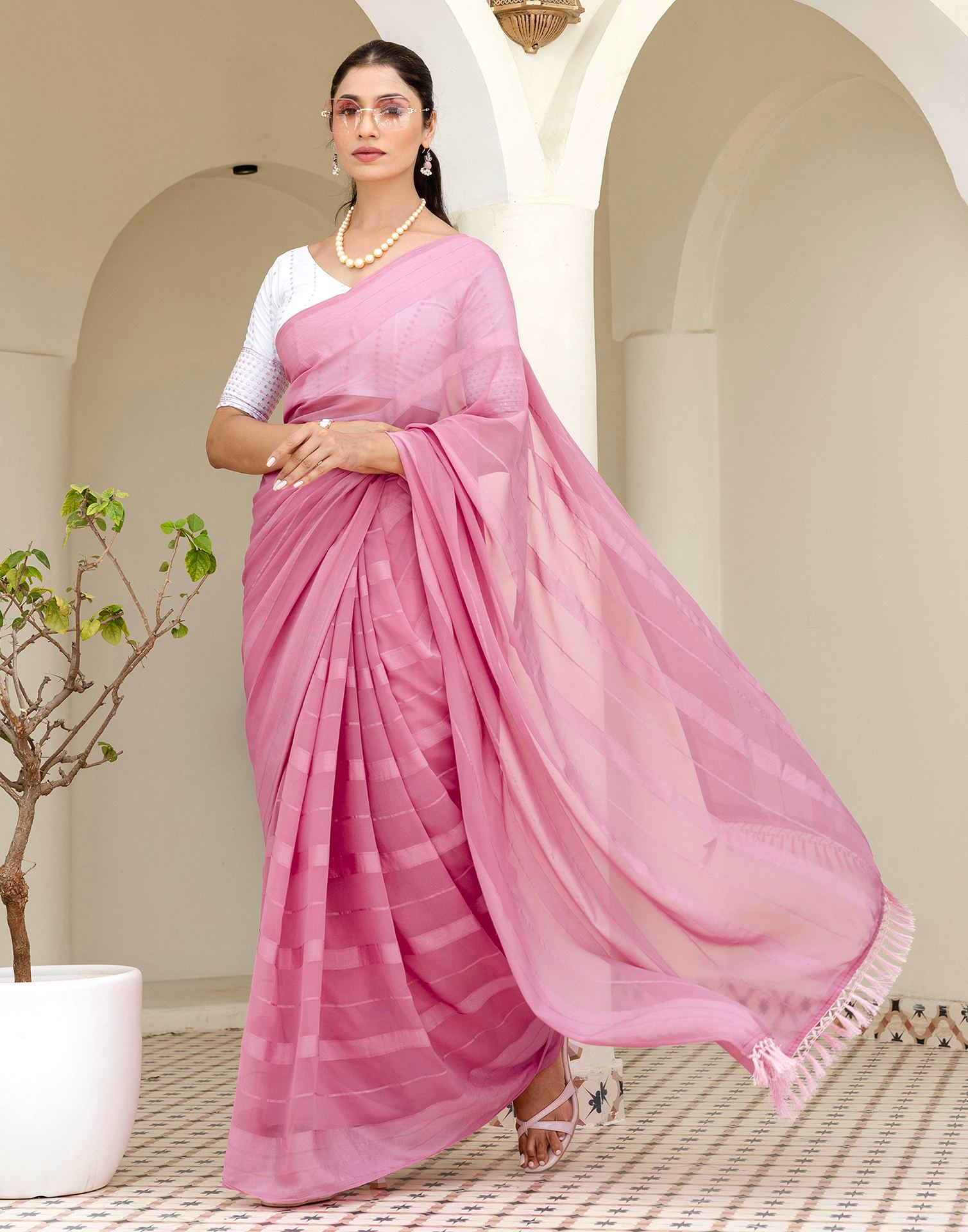 Light Pink Georgette Woven Stripe Plain Saree