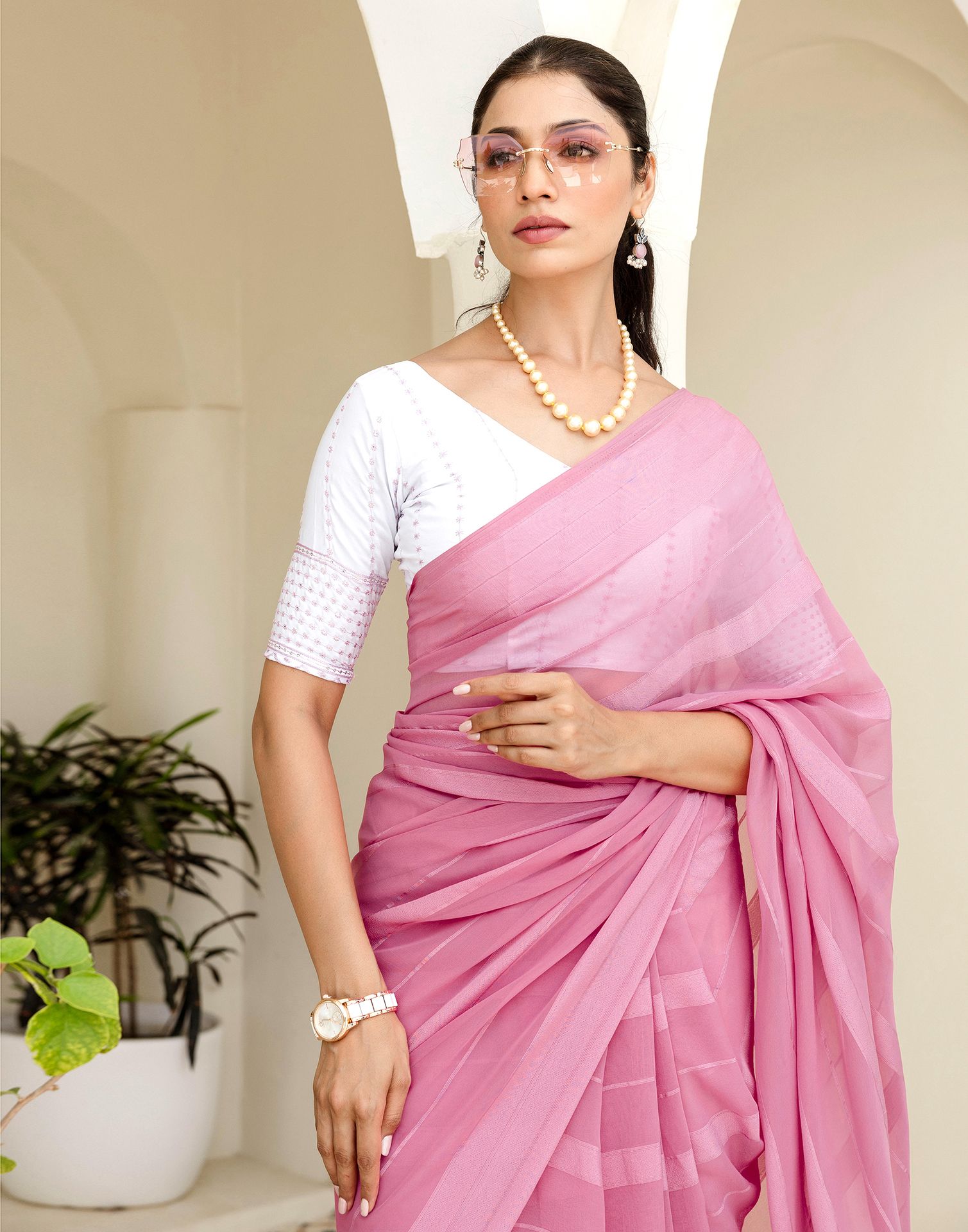 Light Pink Georgette Woven Stripe Plain Saree