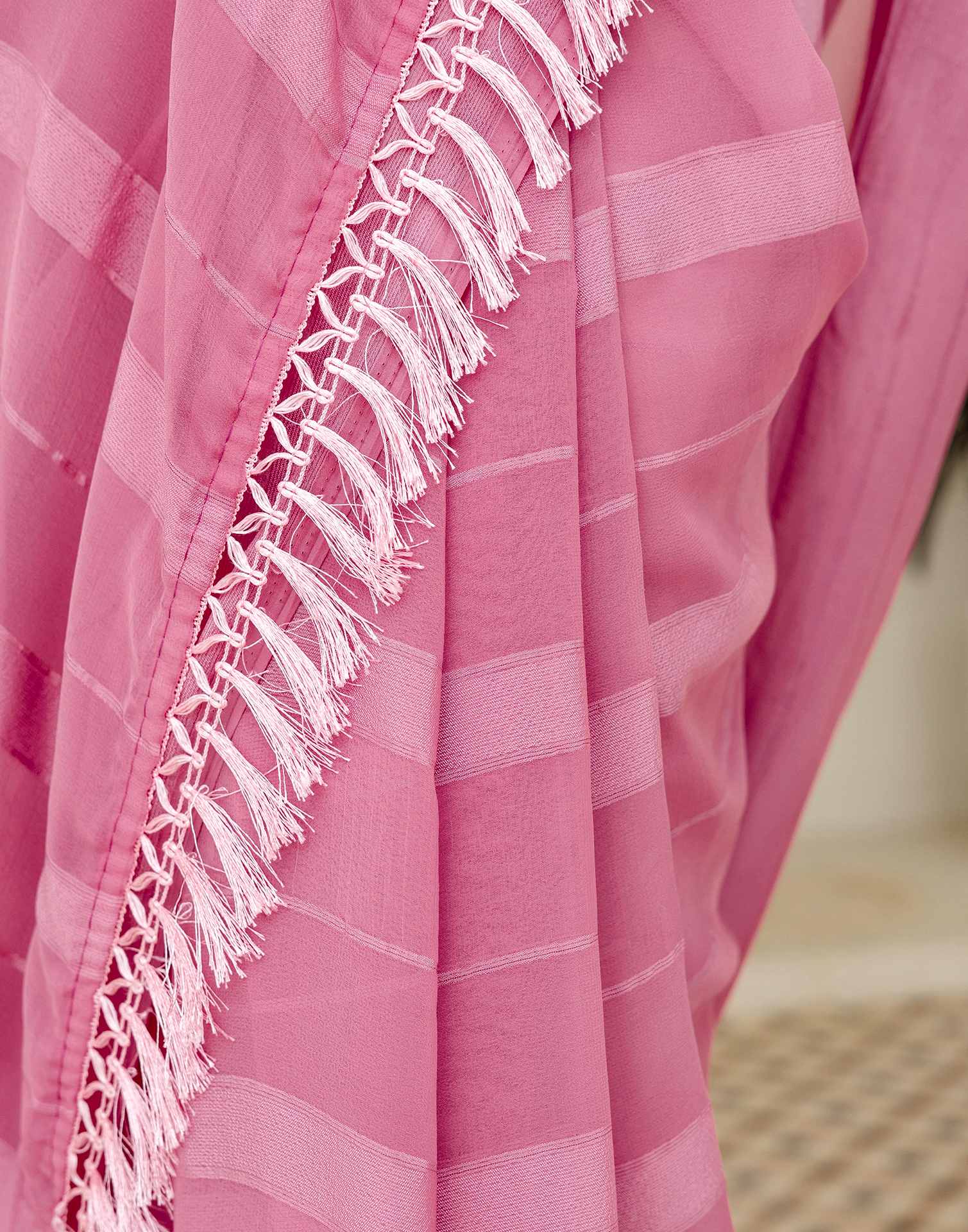 Light Pink Georgette Woven Stripe Plain Saree