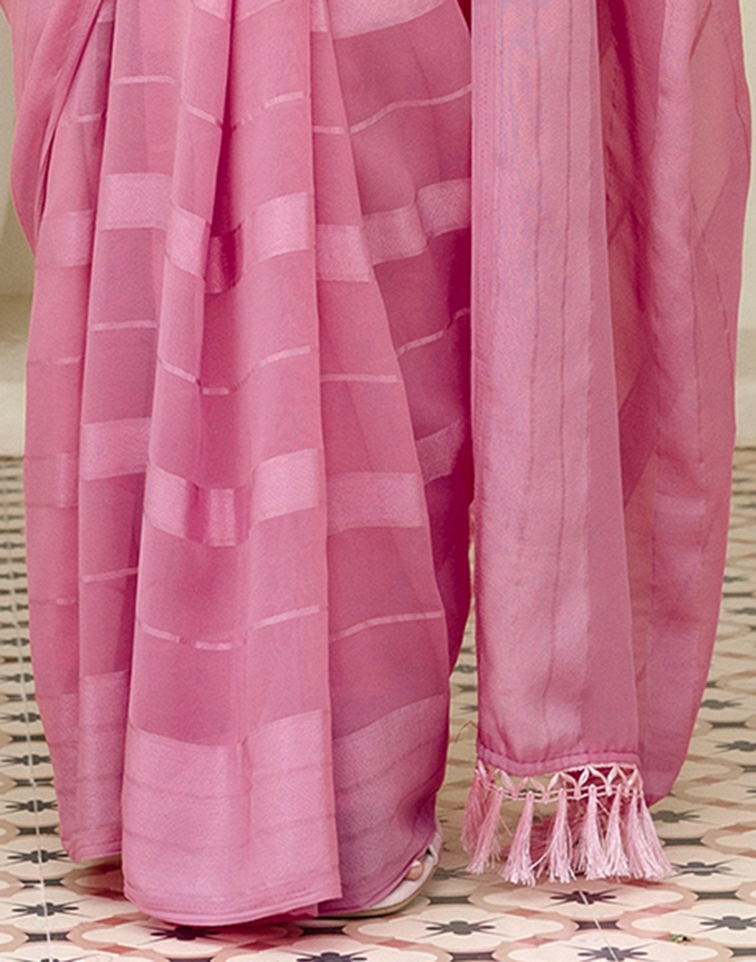 Light Pink Georgette Woven Stripe Plain Saree