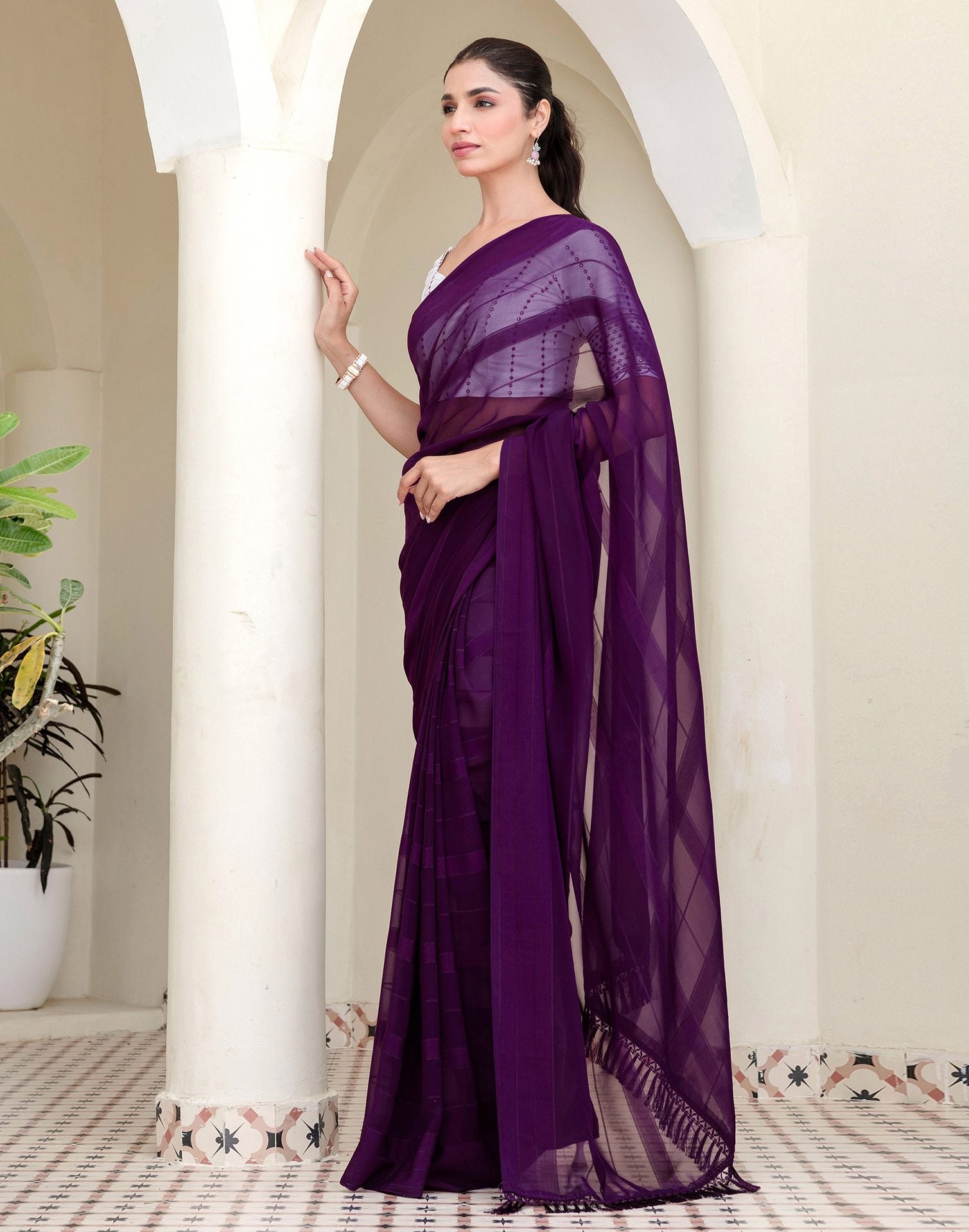 Dark Purple Georgette Woven Stripe Plain Saree