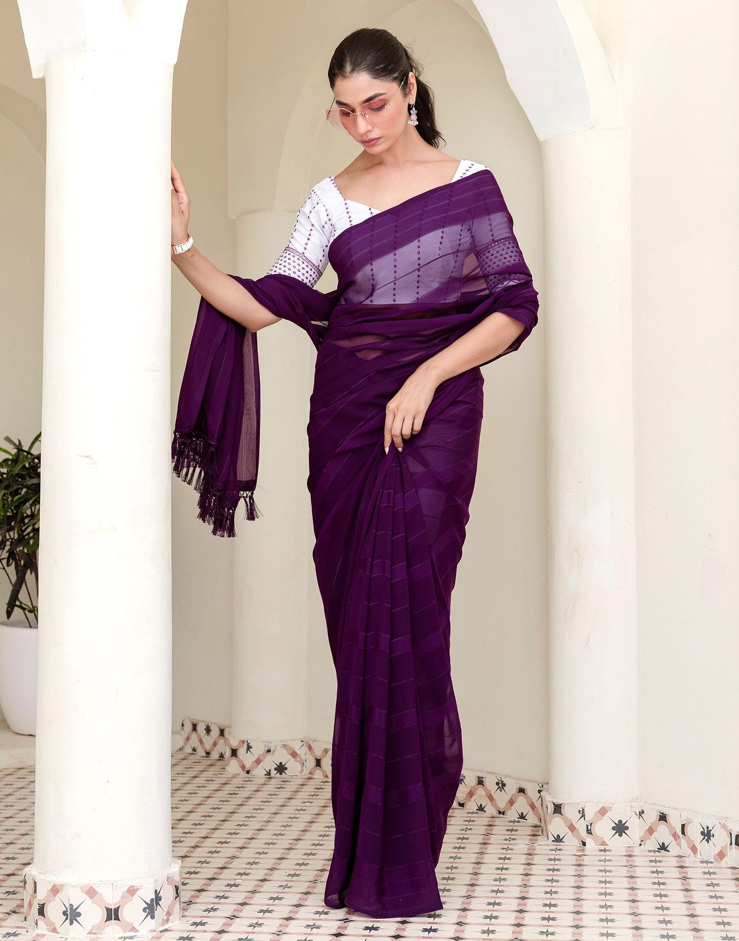 Dark Purple Georgette Woven Stripe Plain Saree