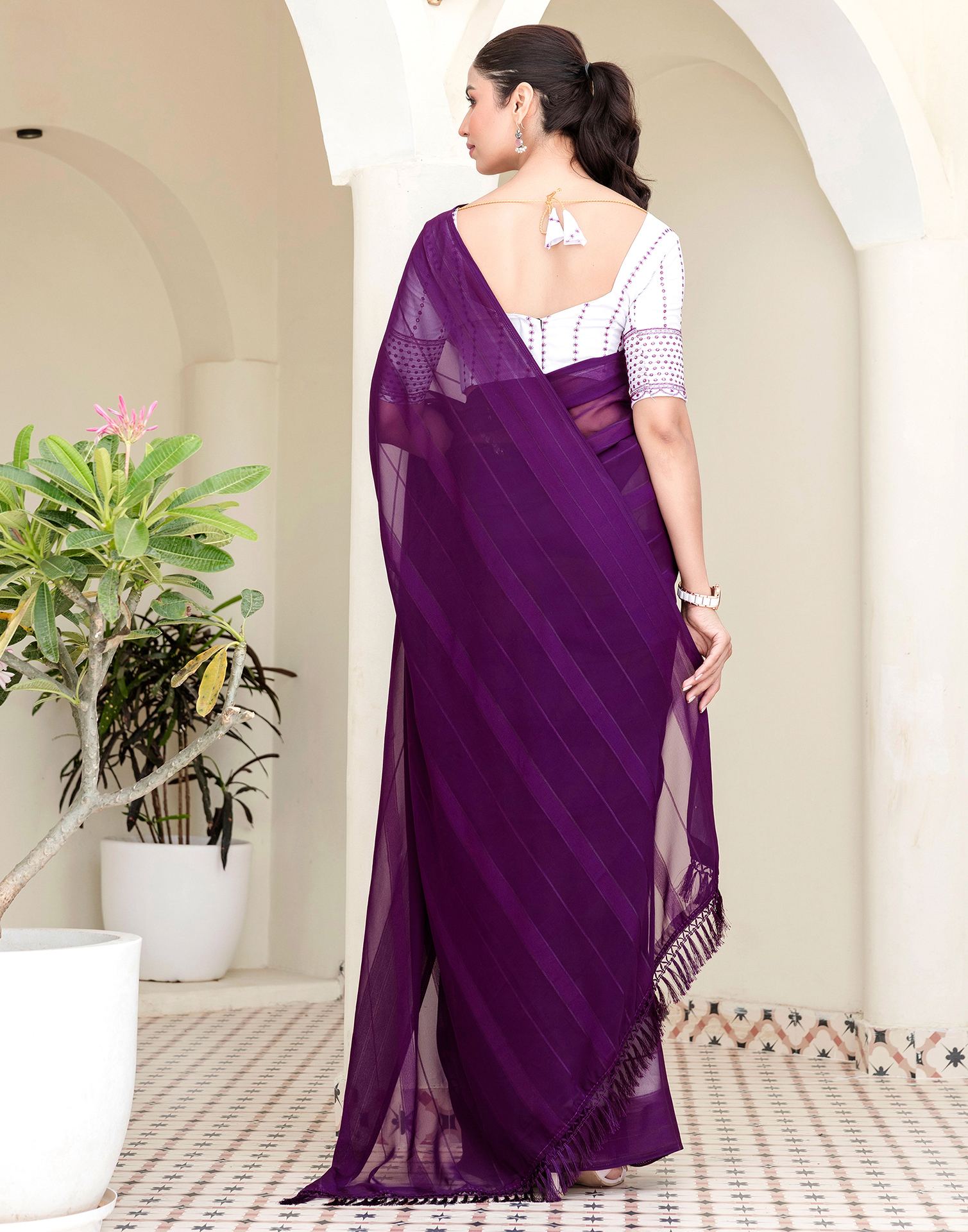 Dark Purple Georgette Woven Stripe Plain Saree