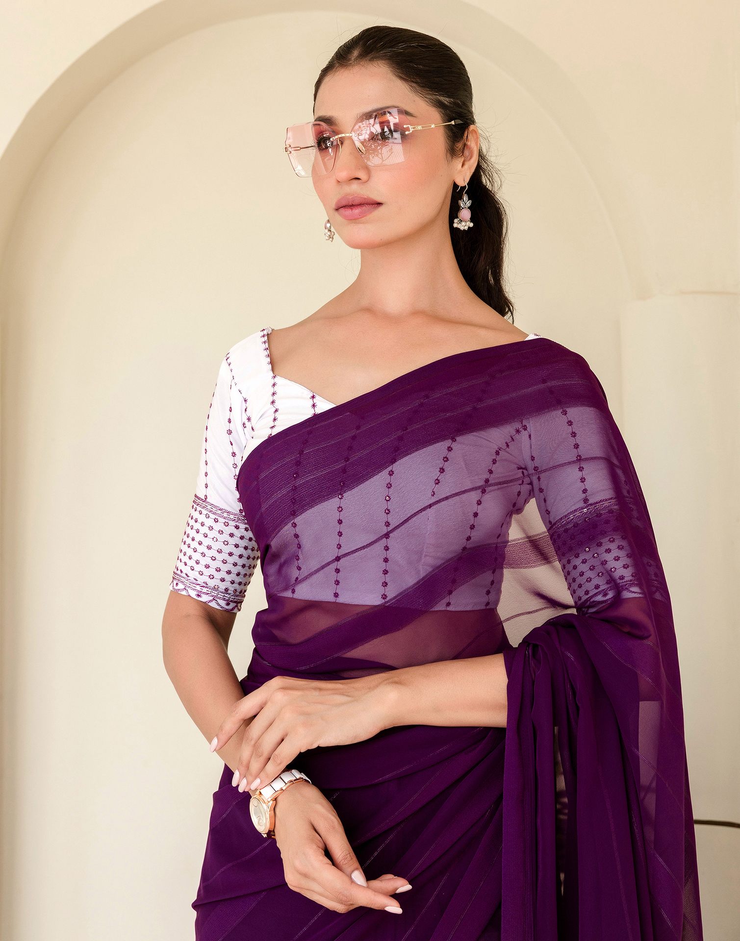Dark Purple Georgette Woven Stripe Plain Saree