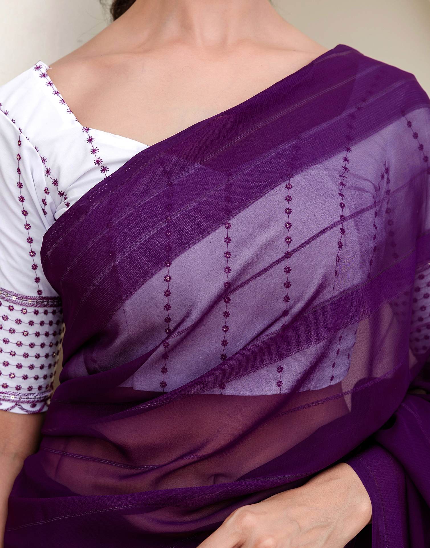 Dark Purple Georgette Woven Stripe Plain Saree
