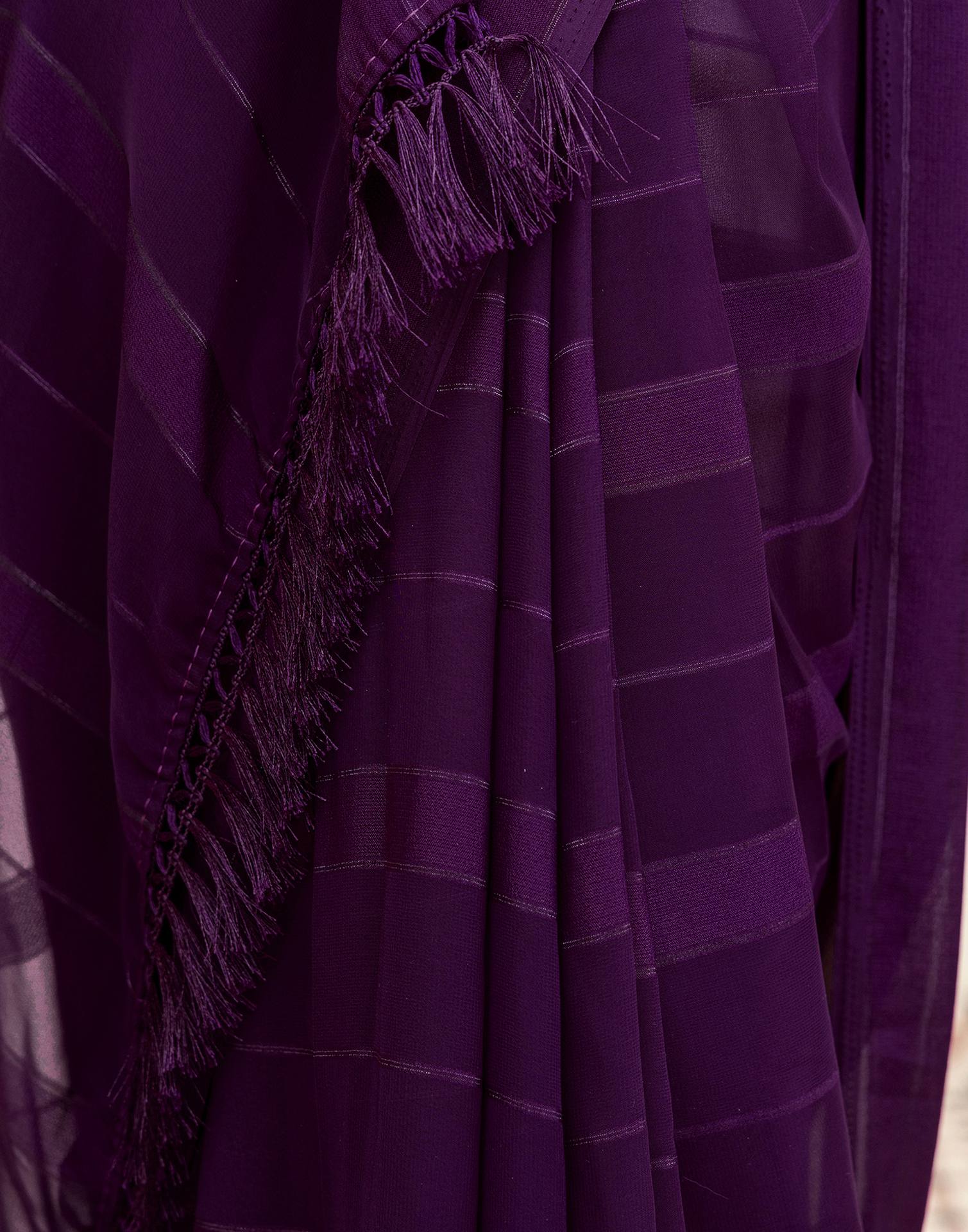 Dark Purple Georgette Woven Stripe Plain Saree