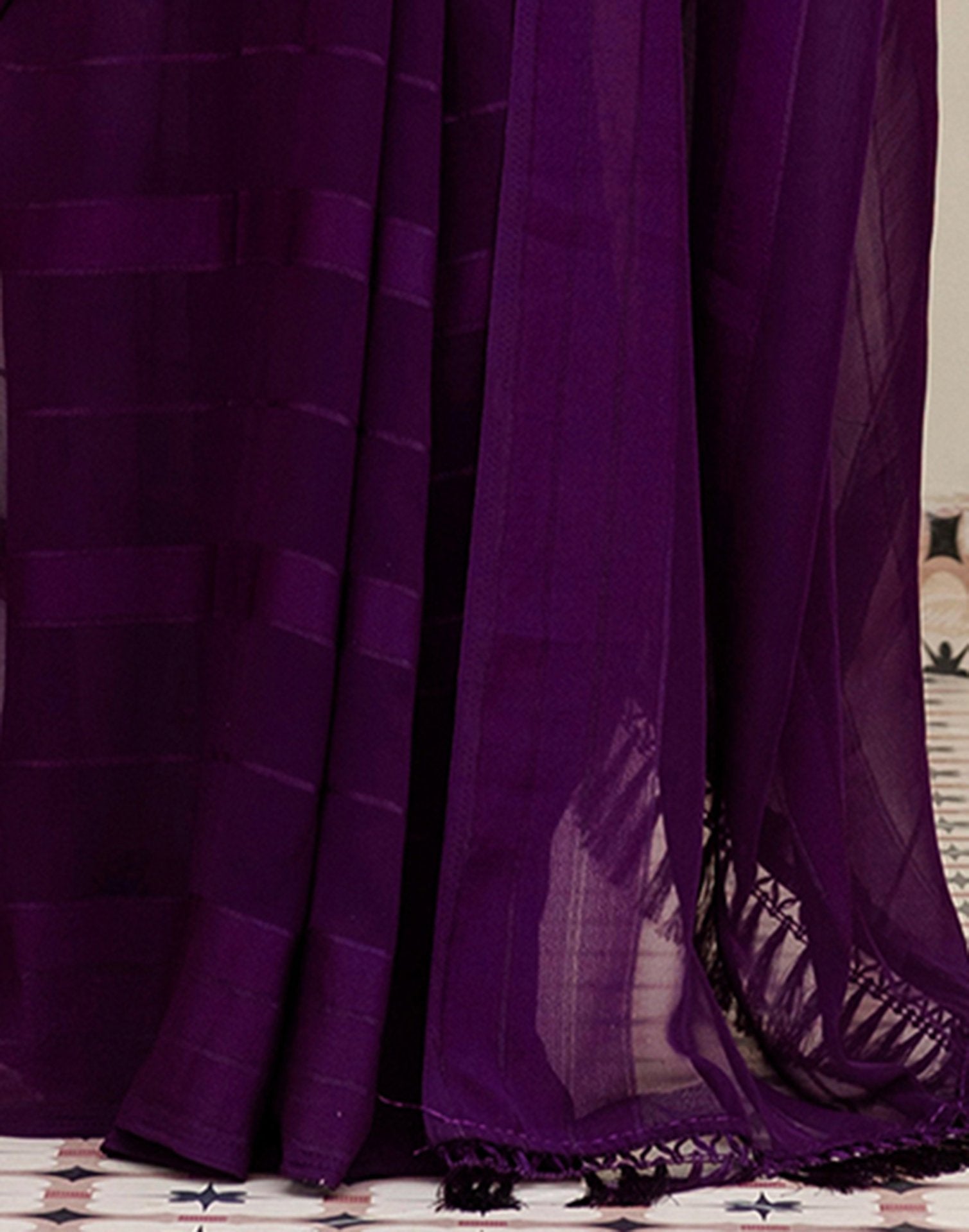 Dark Purple Georgette Woven Stripe Plain Saree