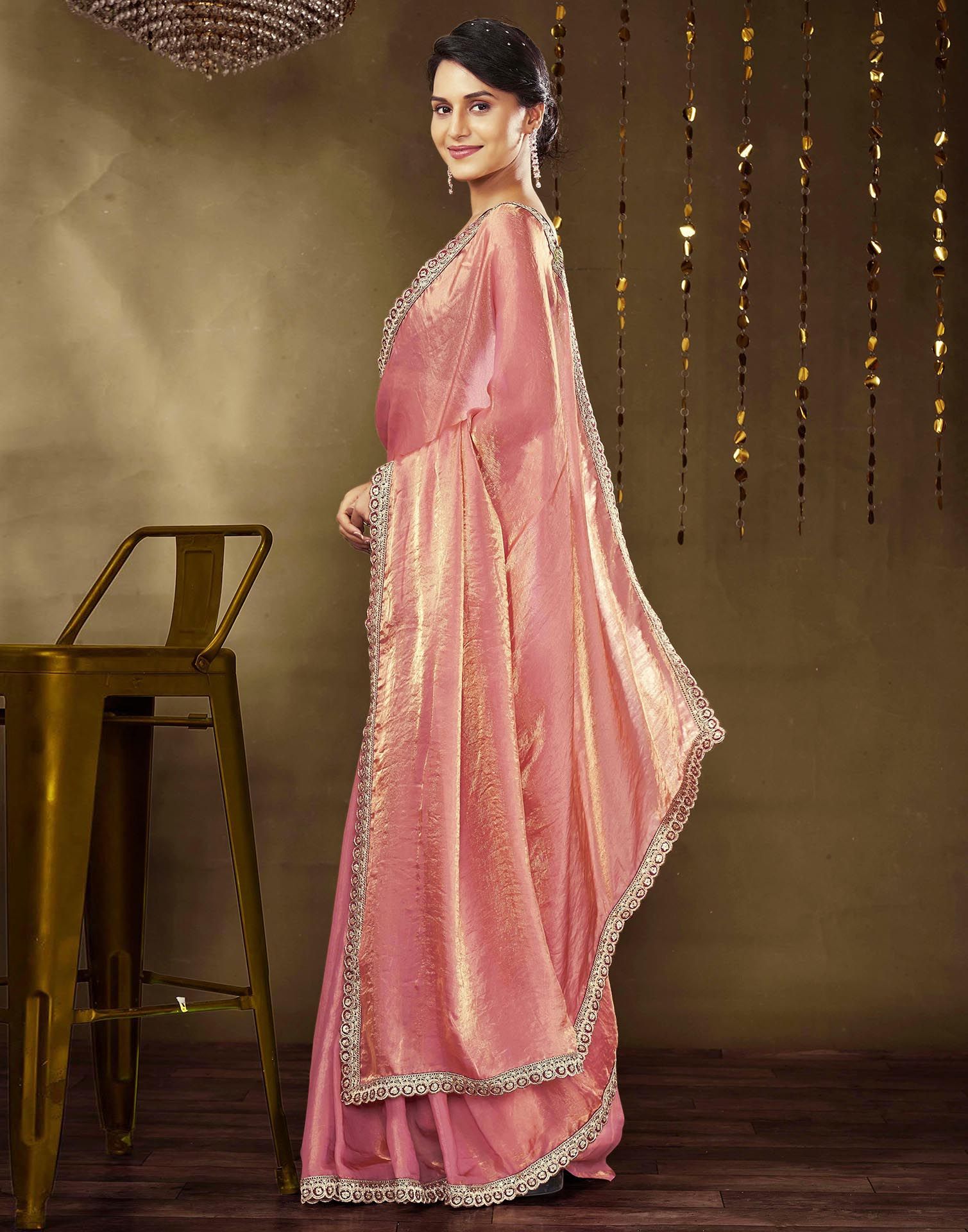 Rose Pink Tissue Silk Lace Plain Saree