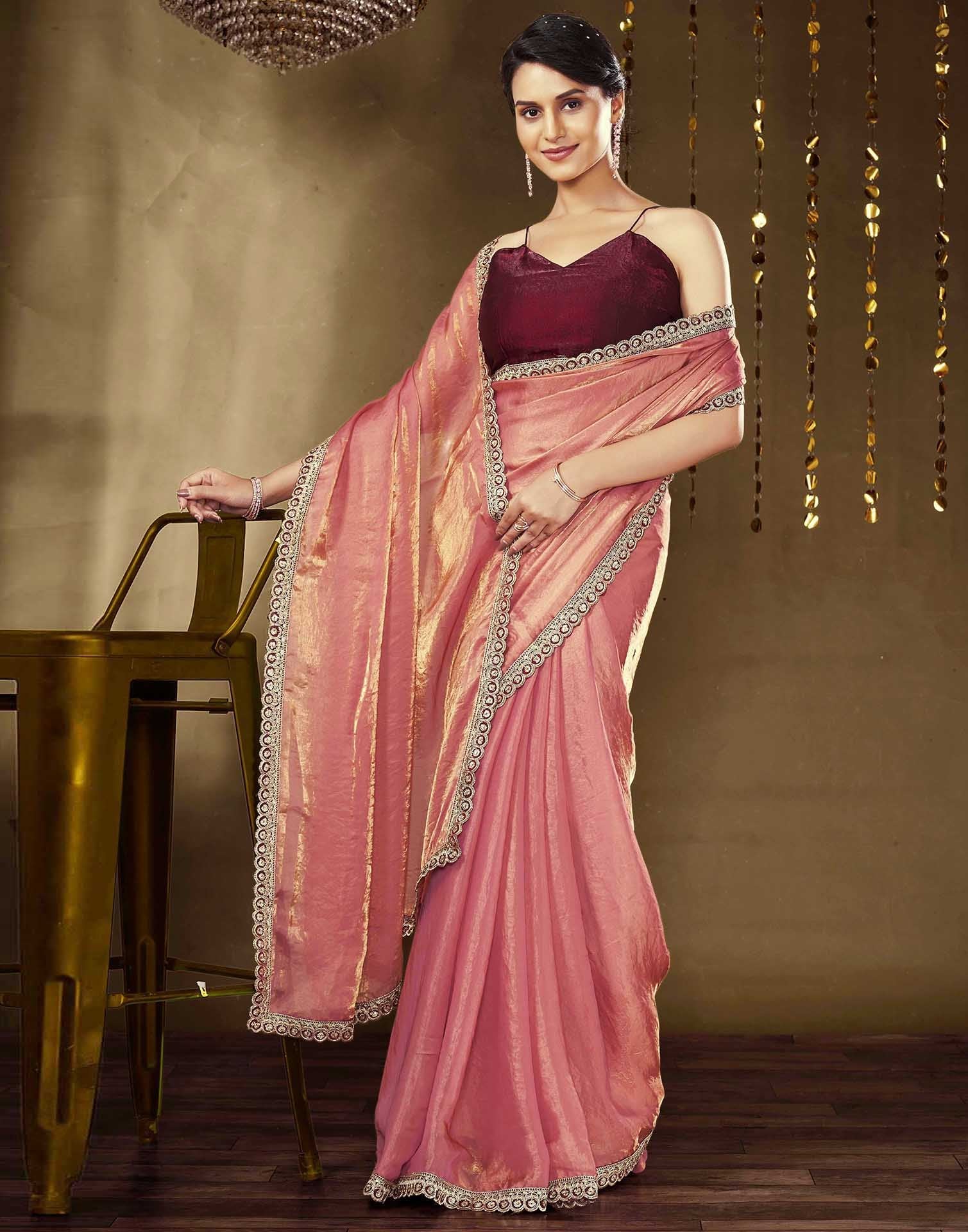 Rose Pink Tissue Silk Lace Plain Saree