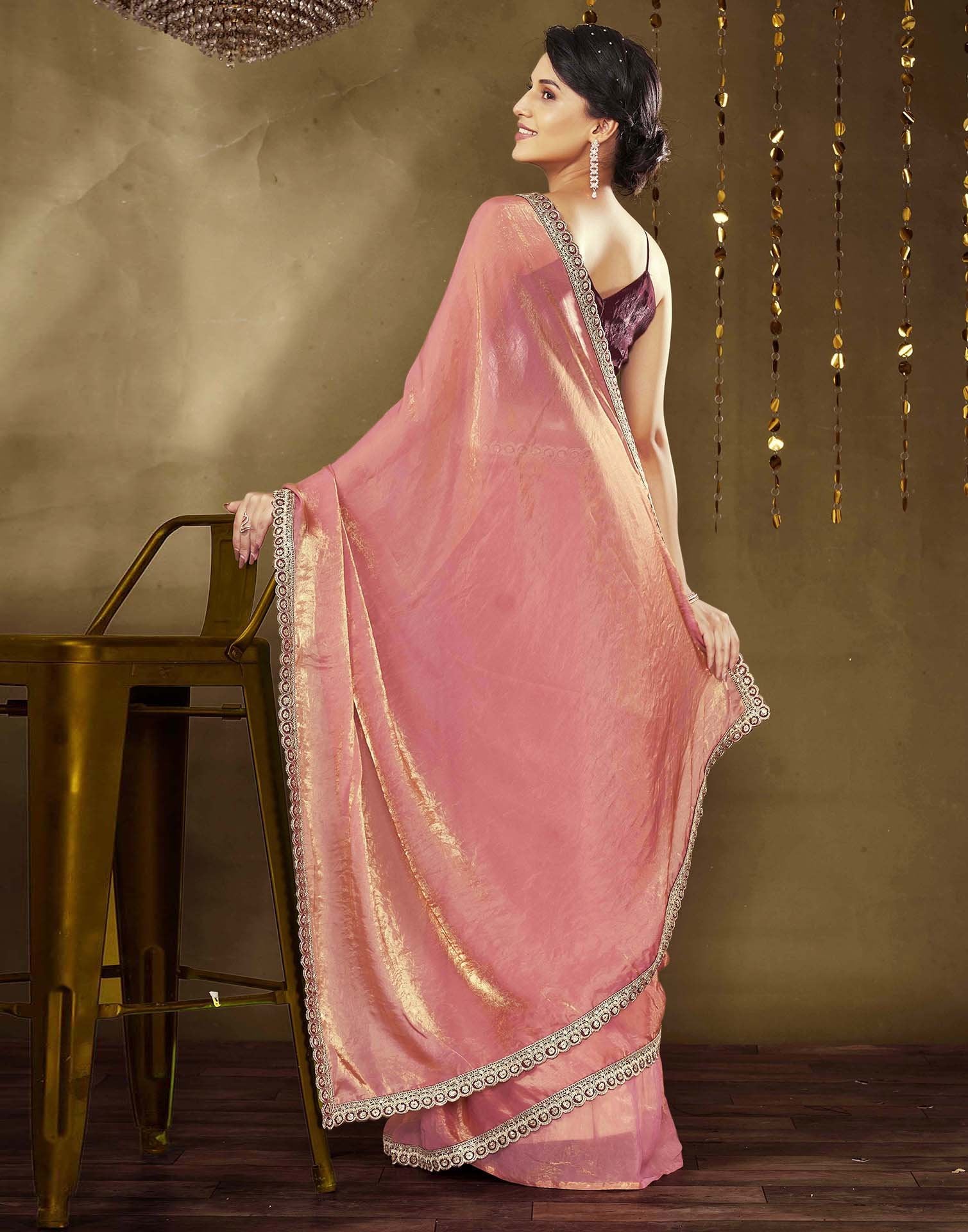 Rose Pink Tissue Silk Lace Plain Saree