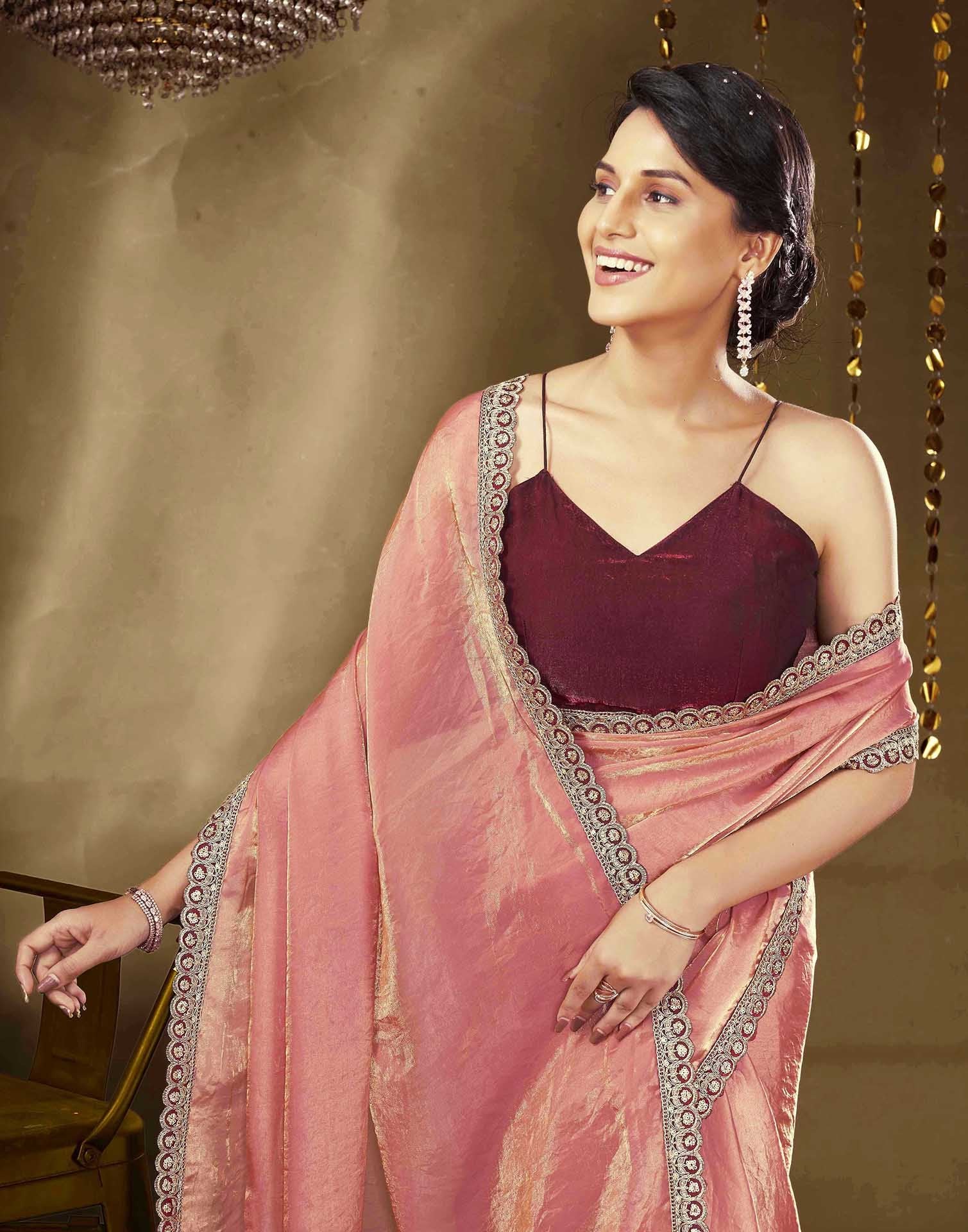 Rose Pink Tissue Silk Lace Plain Saree