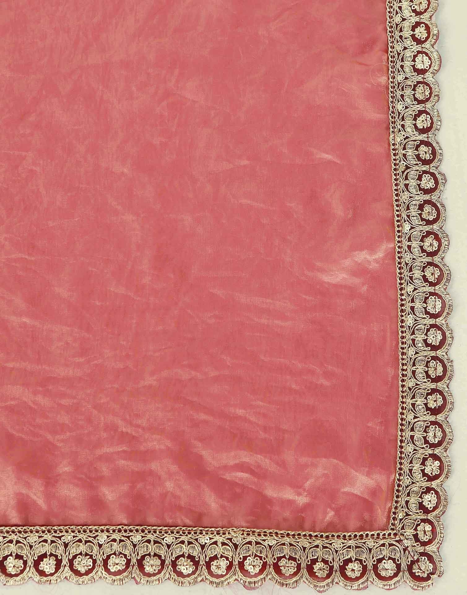 Rose Pink Tissue Silk Lace Plain Saree