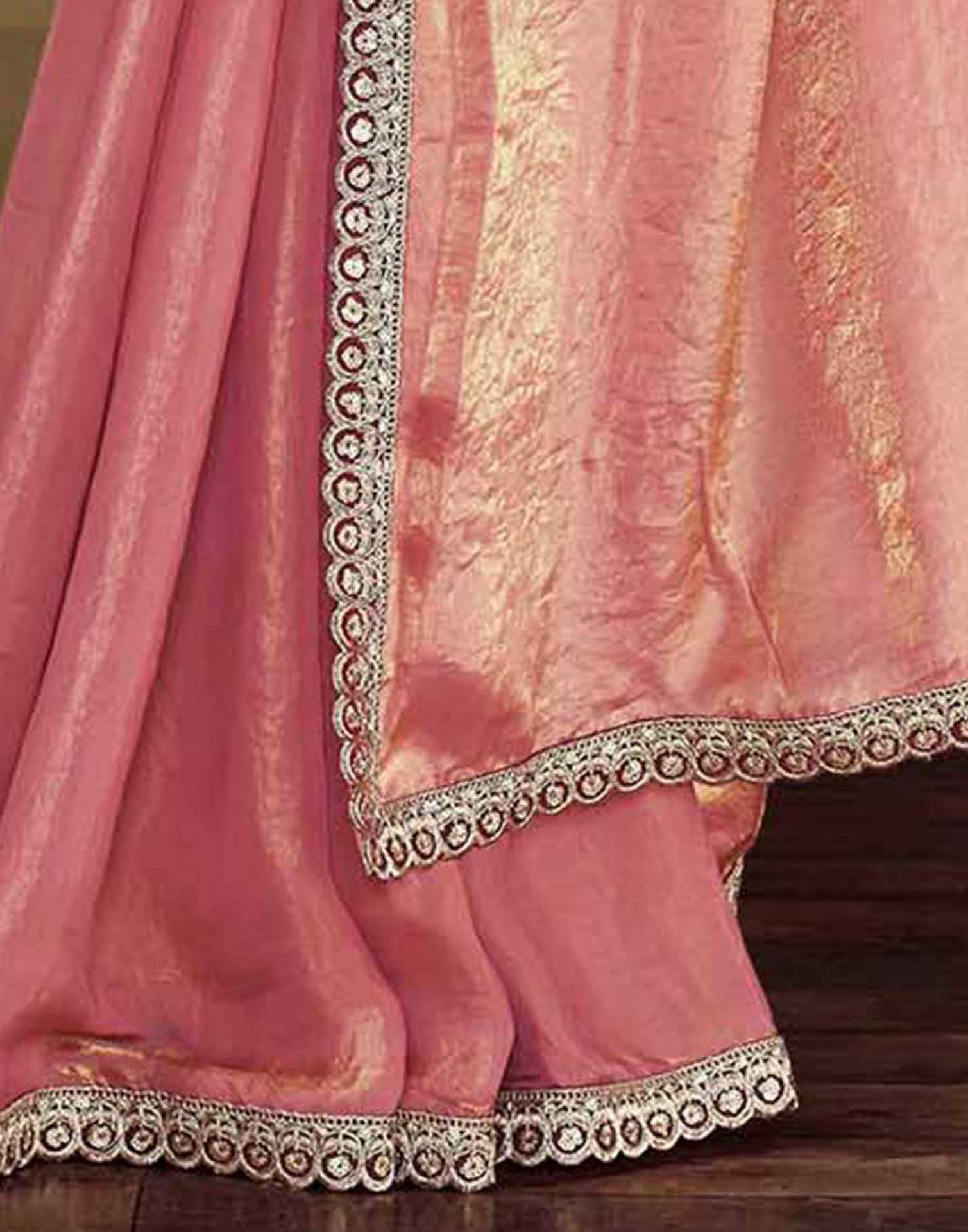 Rose Pink Tissue Silk Lace Plain Saree