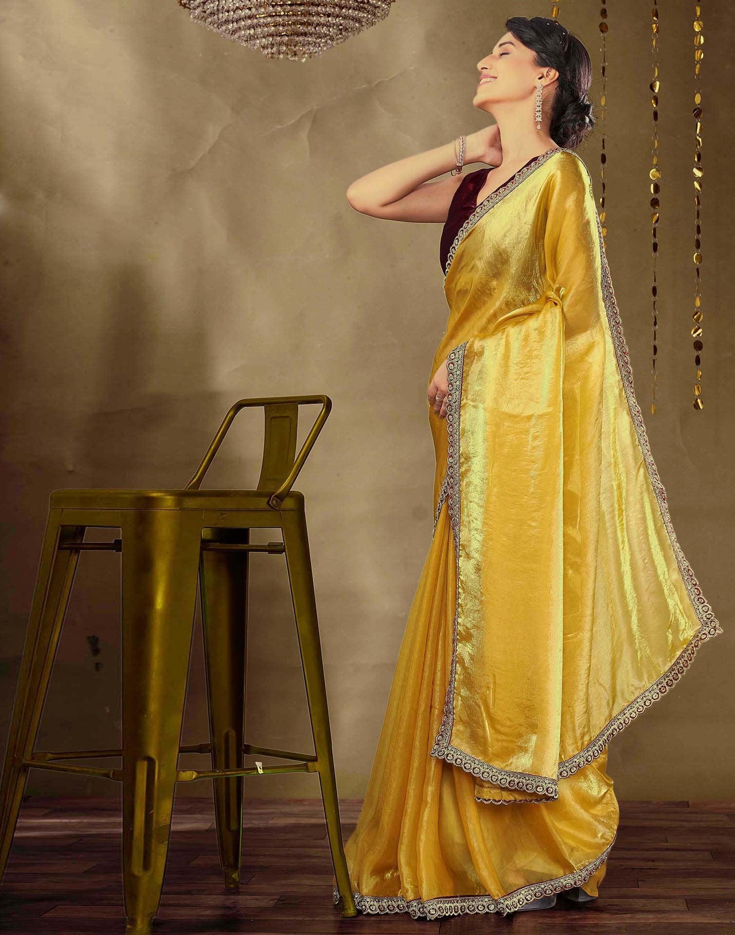Golden Tissue Silk Lace Plain Saree