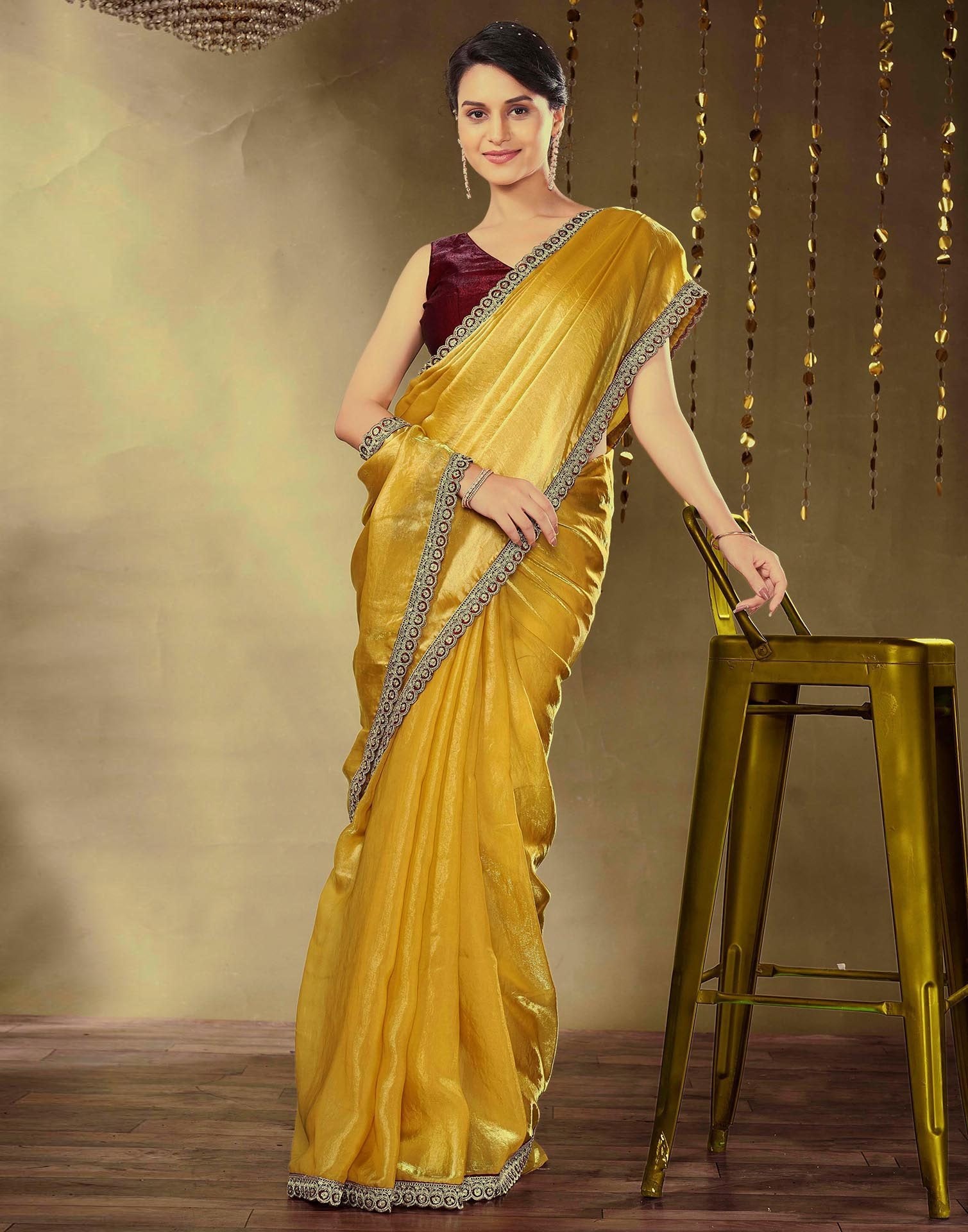 Golden Tissue Silk Lace Plain Saree