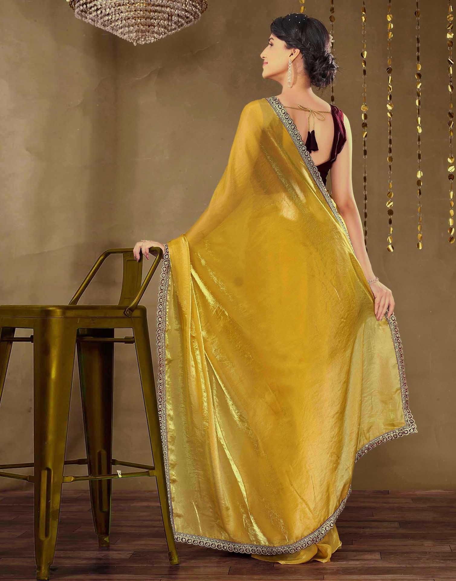 Golden Tissue Silk Lace Plain Saree