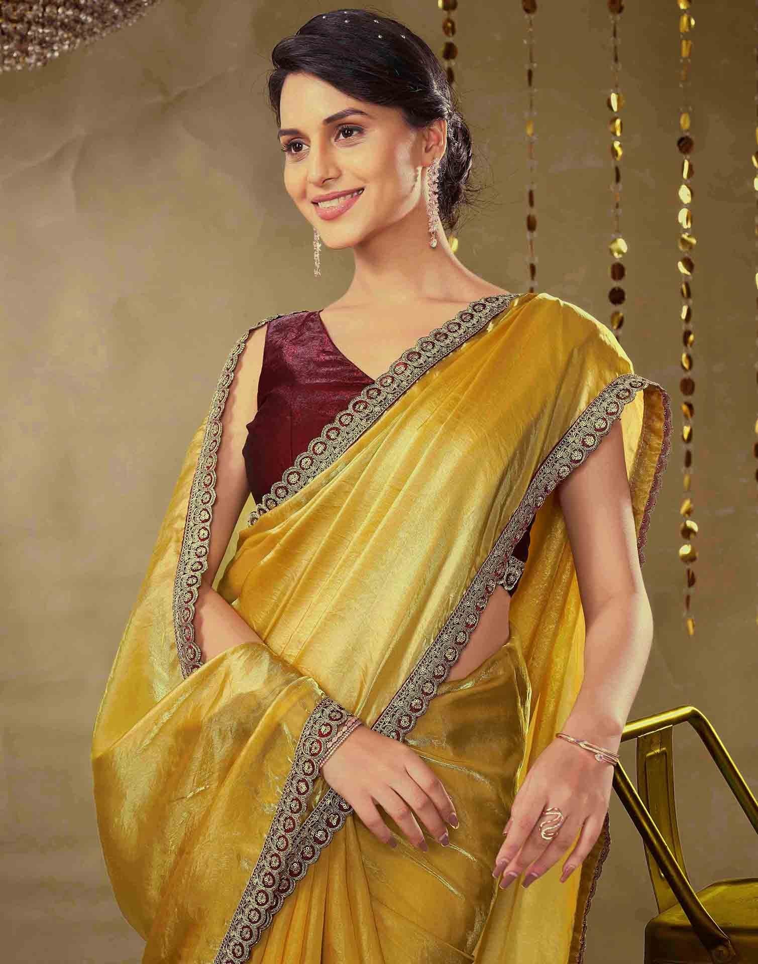 Golden Tissue Silk Lace Plain Saree
