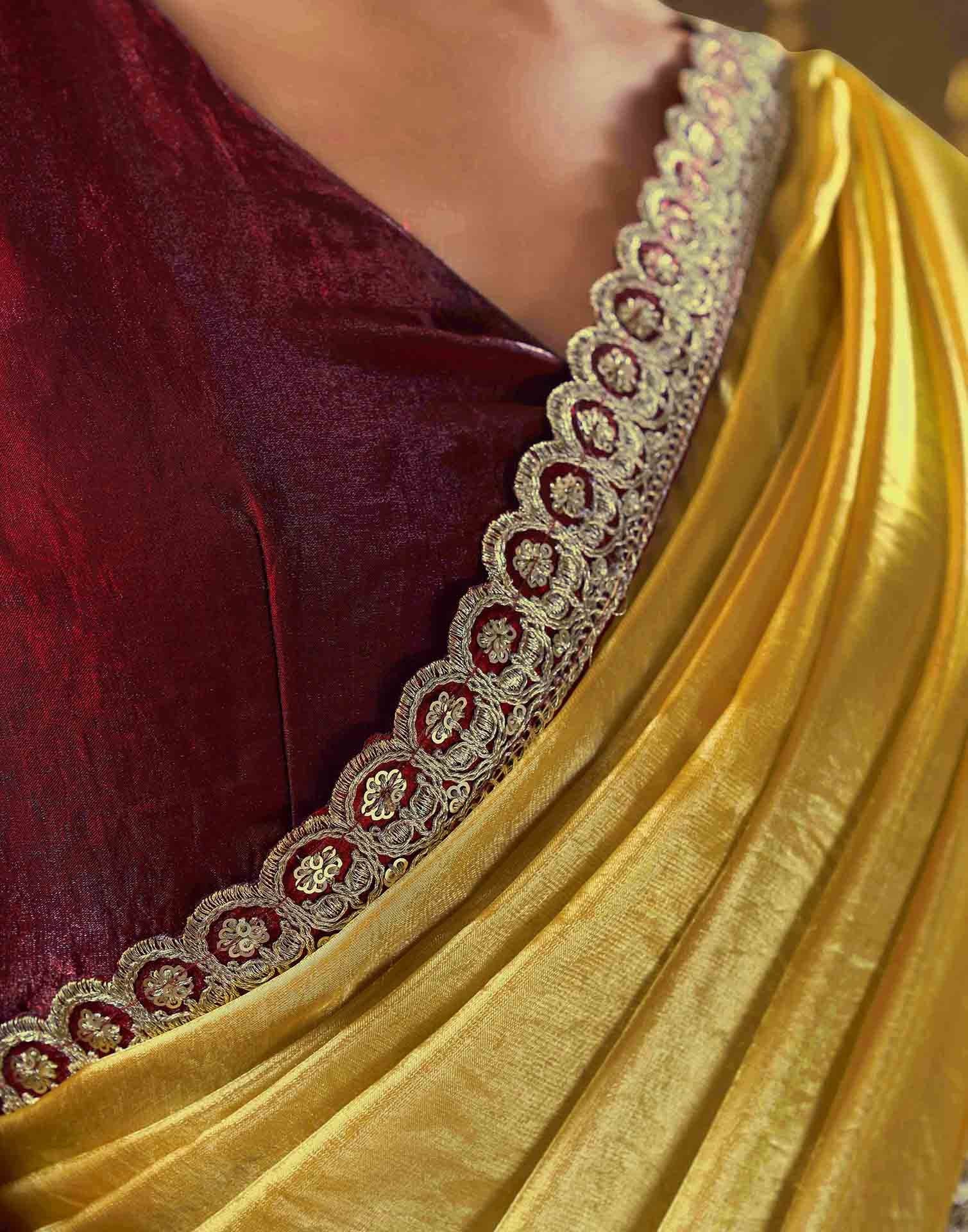 Golden Tissue Silk Lace Plain Saree