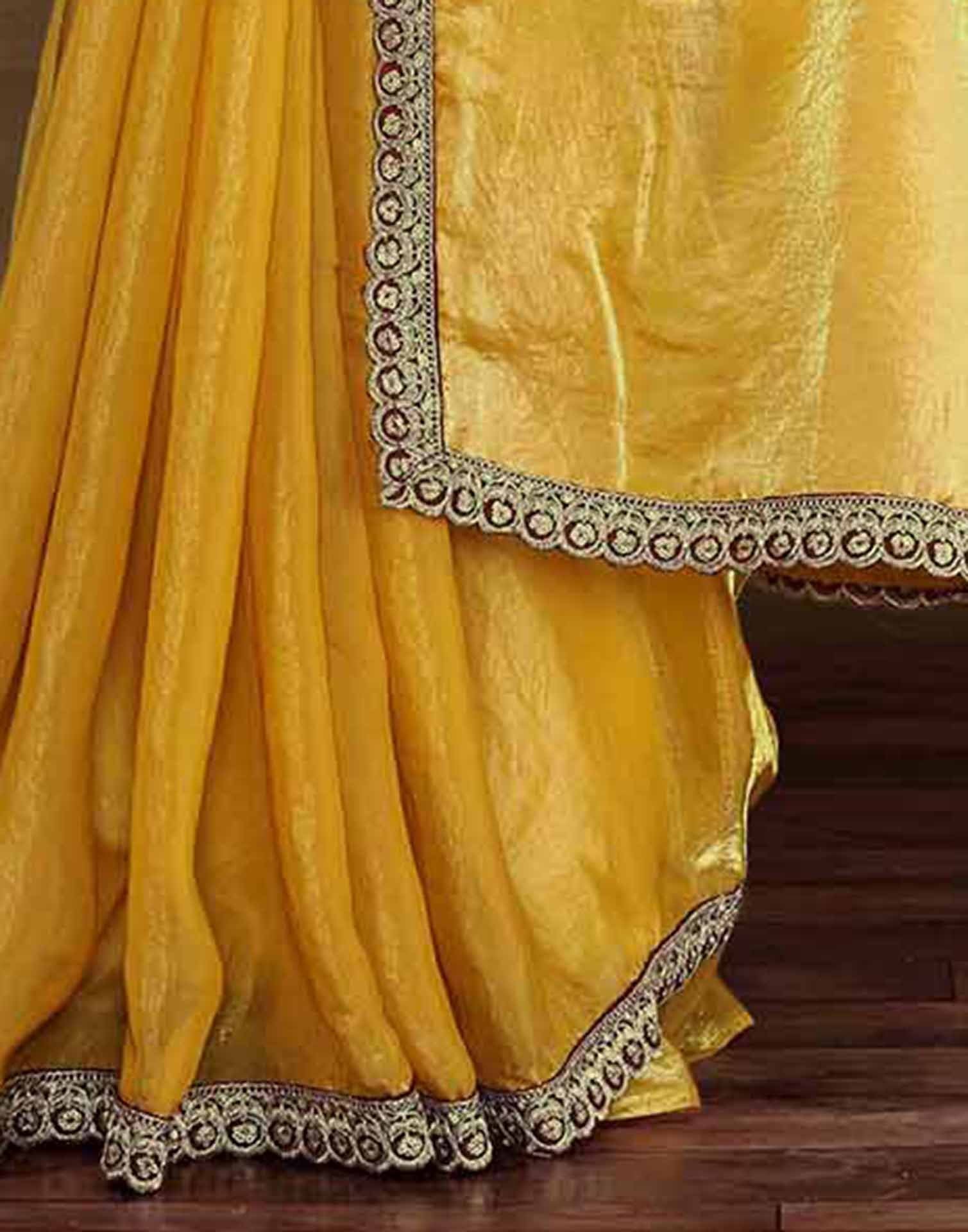 Golden Tissue Silk Lace Plain Saree