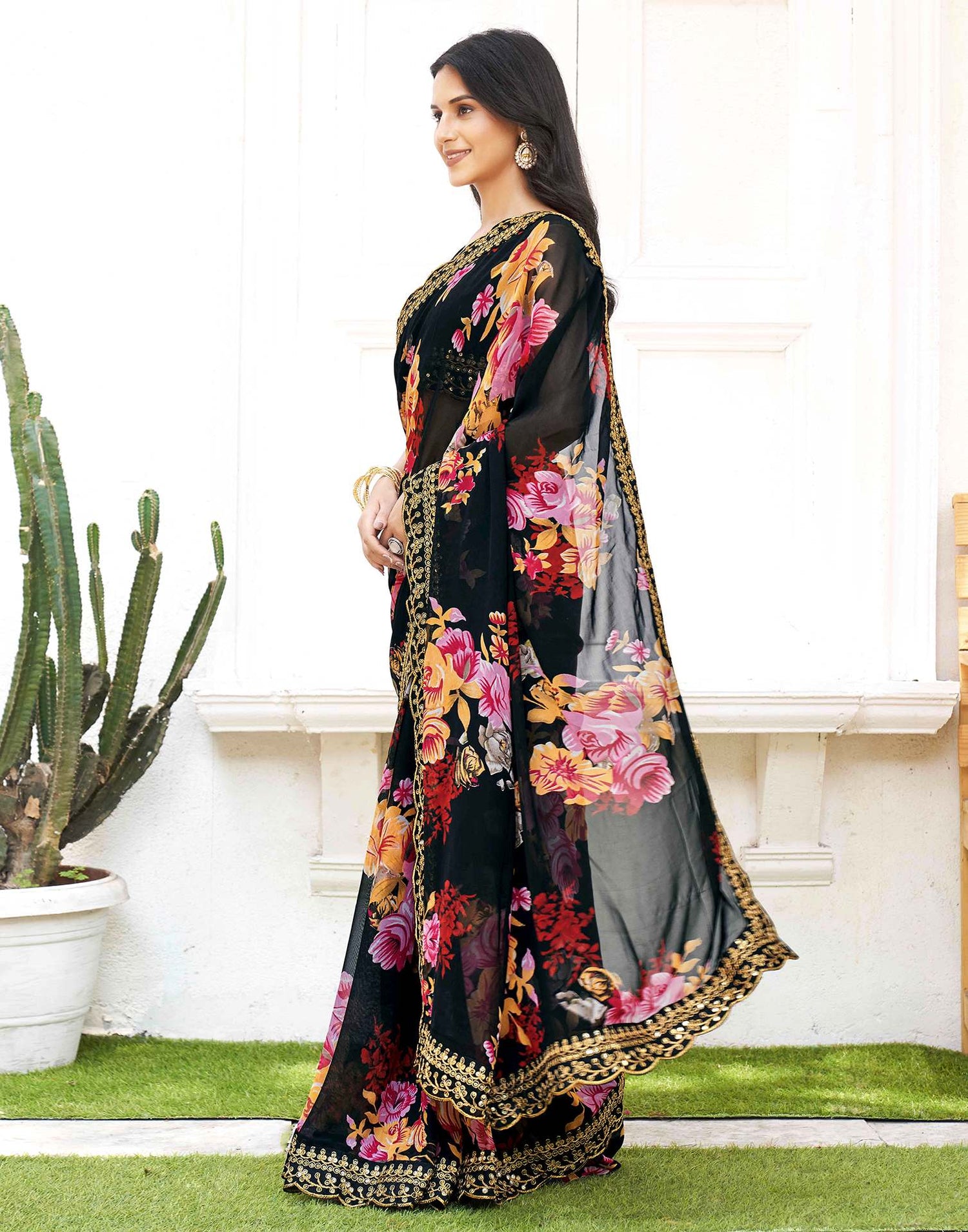 Black Georgette Floral Printed  Saree