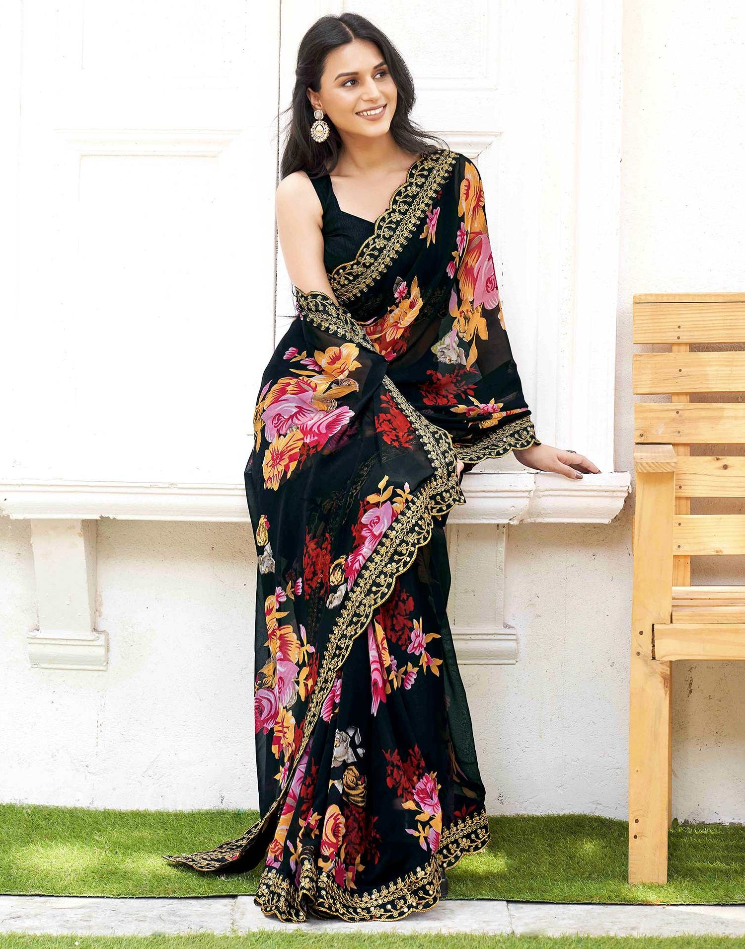 Black Georgette Floral Printed  Saree