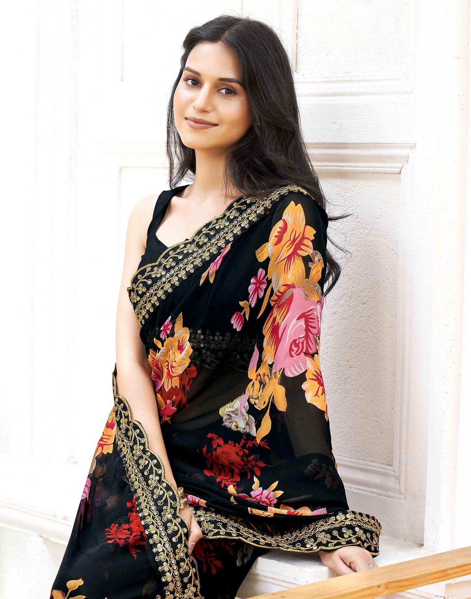 Black Georgette Floral Printed  Saree