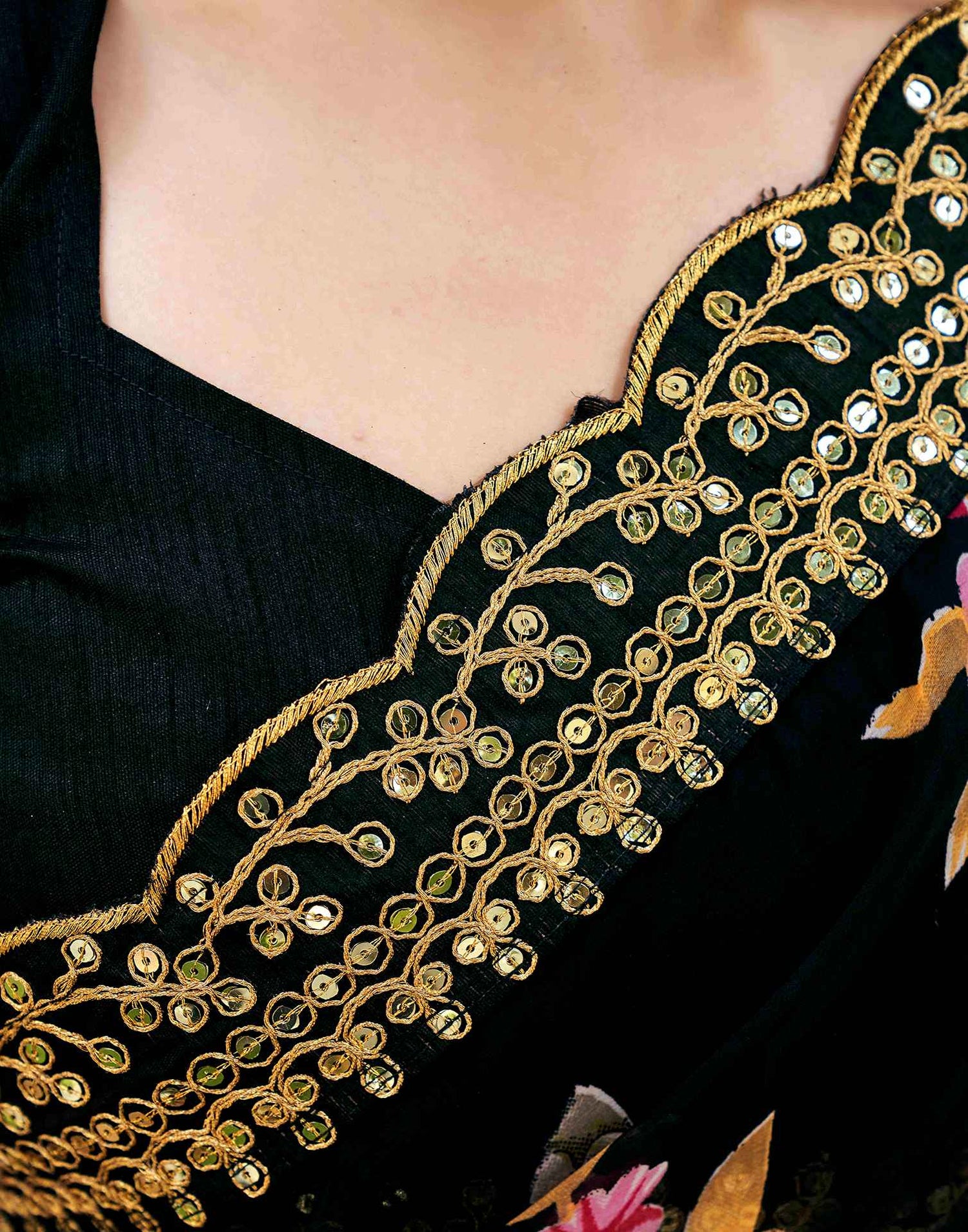 Black Georgette Floral Printed  Saree