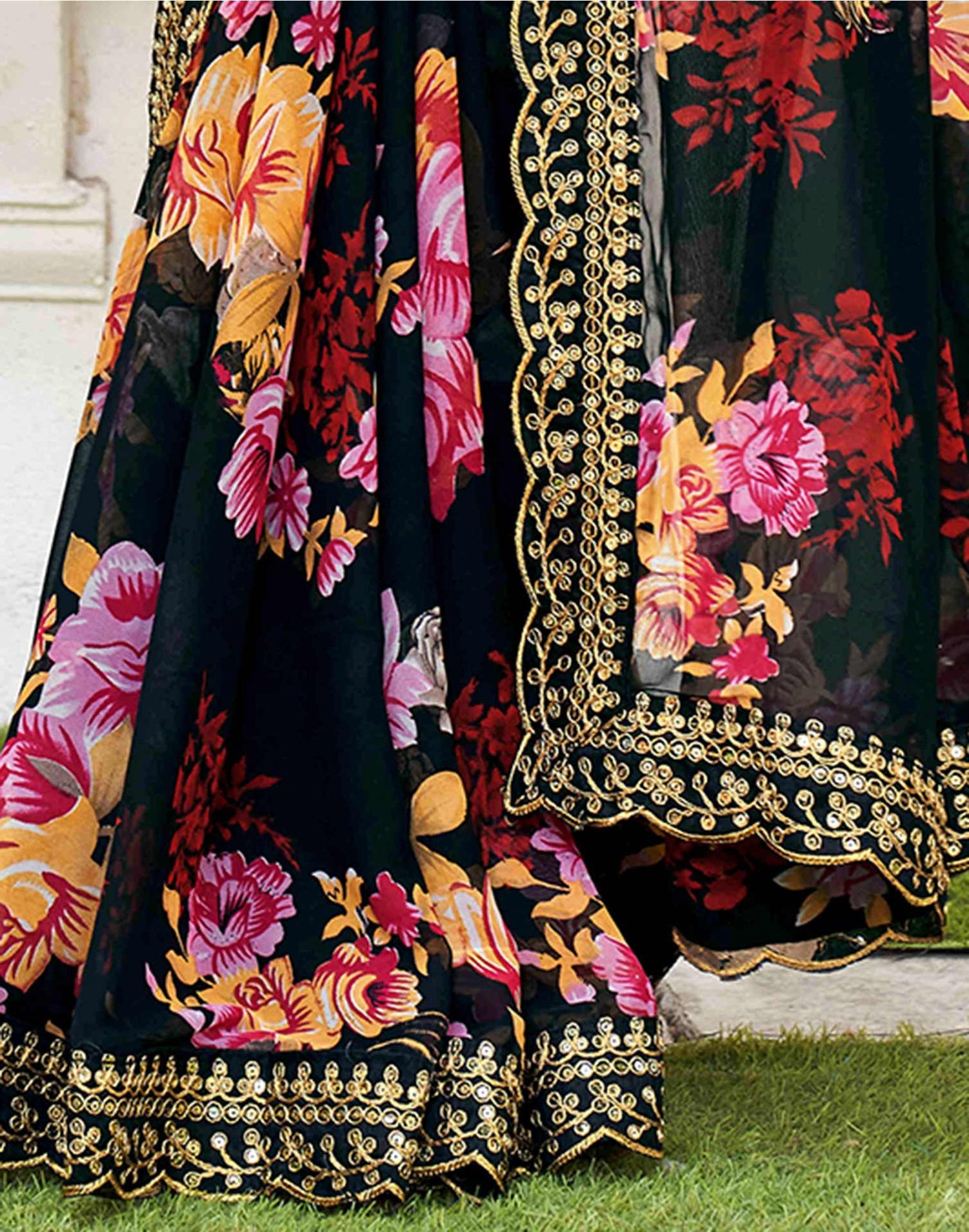 Black Georgette Floral Printed  Saree