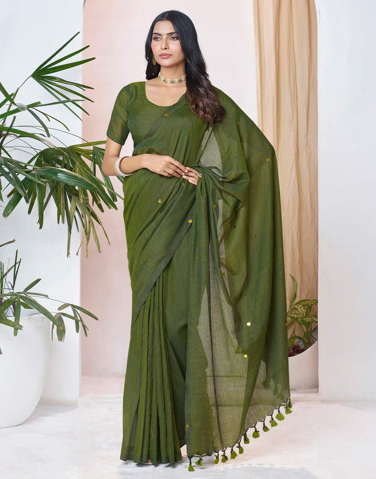 Olive Green Linen Sequence Saree